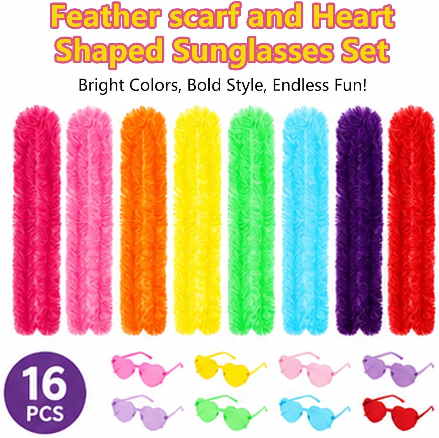 16Pcs Feather Boas Party Pack, 8Pcs Artificial Feather Boa 6.56ft and 8Pcs Heart Sunglasses for Birthdays Costume Party