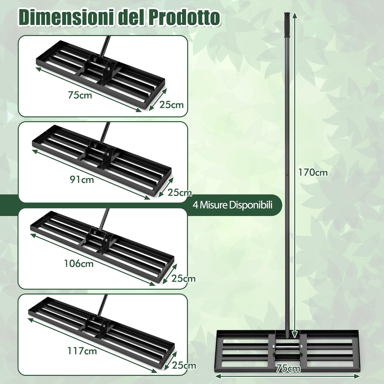 COSTWAY Rastrello Livellatore per Prato, Attrezzo per la Livellatura del Prato con Manico Ergonomico, Livellatrice per Giardino, Cortile, Campo da Golf, Fattoria e Pascolo (Nero 75 x 25 cm)