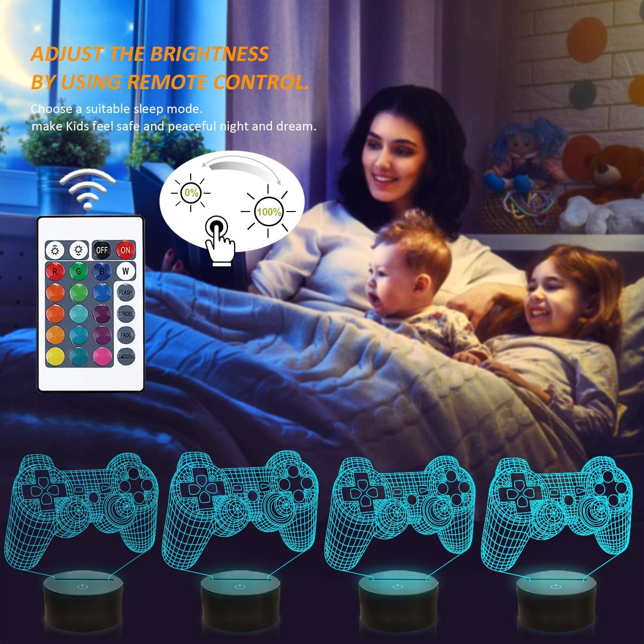 FULLOSUN Pixel Game Over Illusion Lamp, Gamepad 3D Night Light (3 Patterns) with Remote Control 16 Color Changing Gaming Room Headset Decor Best Gamer Gift