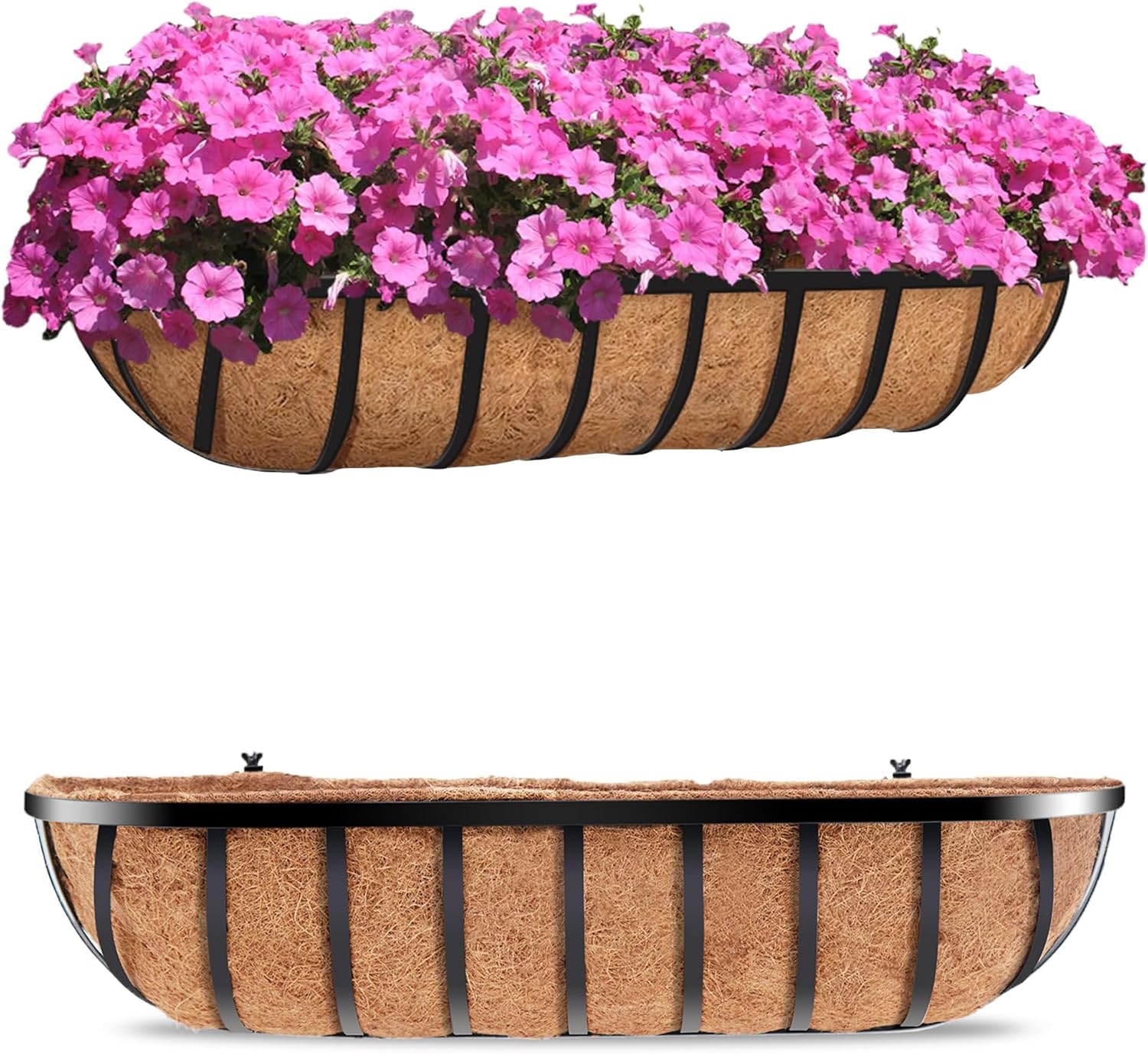 Hfhome 24''(61Cm) Black Set Of 2 Wall Trough Planter, 60.9Cm/24In Outdoor Metal Window Box With Coco Liner, Rust-Resistant Floating Planters For Fence Railing & Balcony