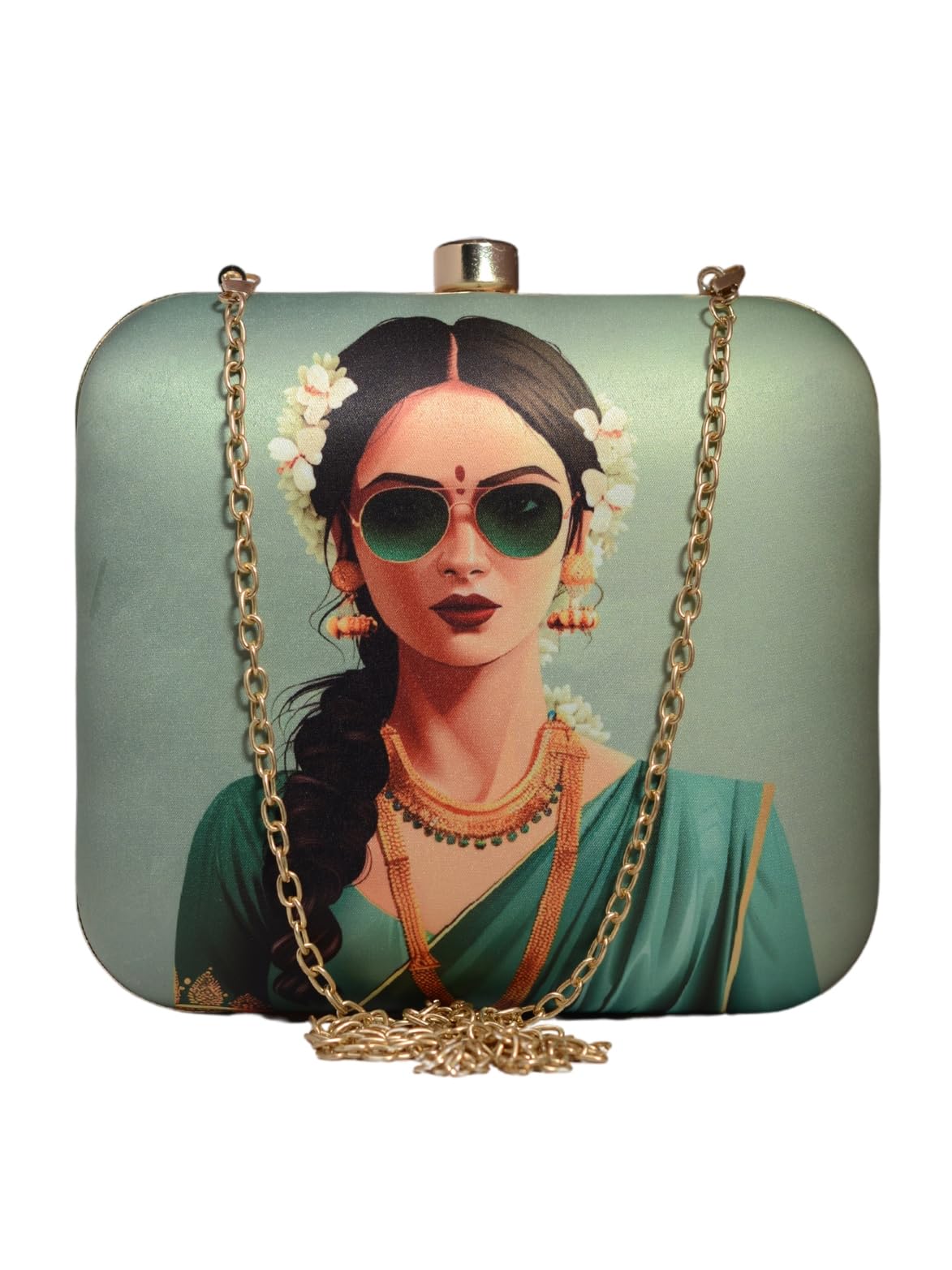 Printed Clutch for Women & Ladies - Artistic Square Box Sling Bag with Detachable Golden Chain Strap - Trendy Purse Handbag-image-5