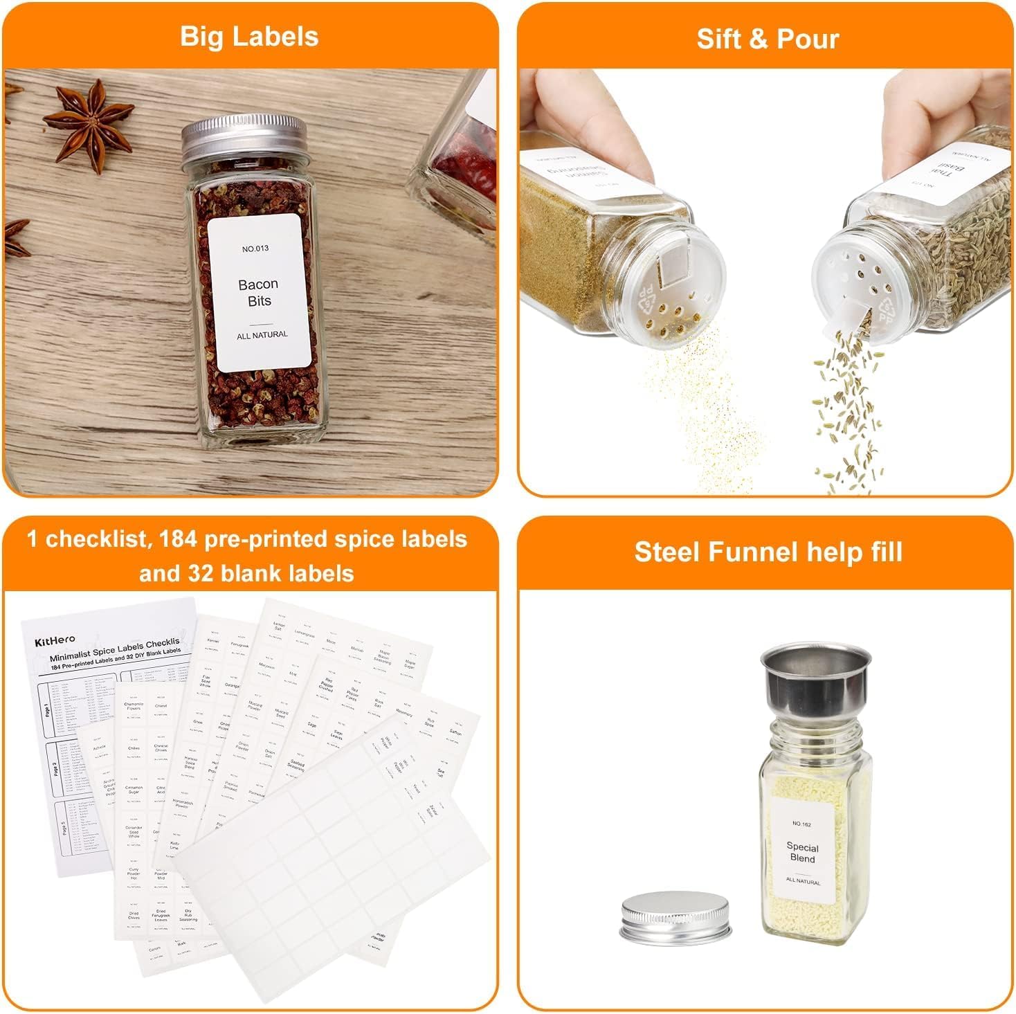 Magnetic Spice Rack with 24 Jars, 216 Labels, 1 Steel Funnel for Refrigerator，Microwave Oven - Full Set of Spice Organizer - Image 5