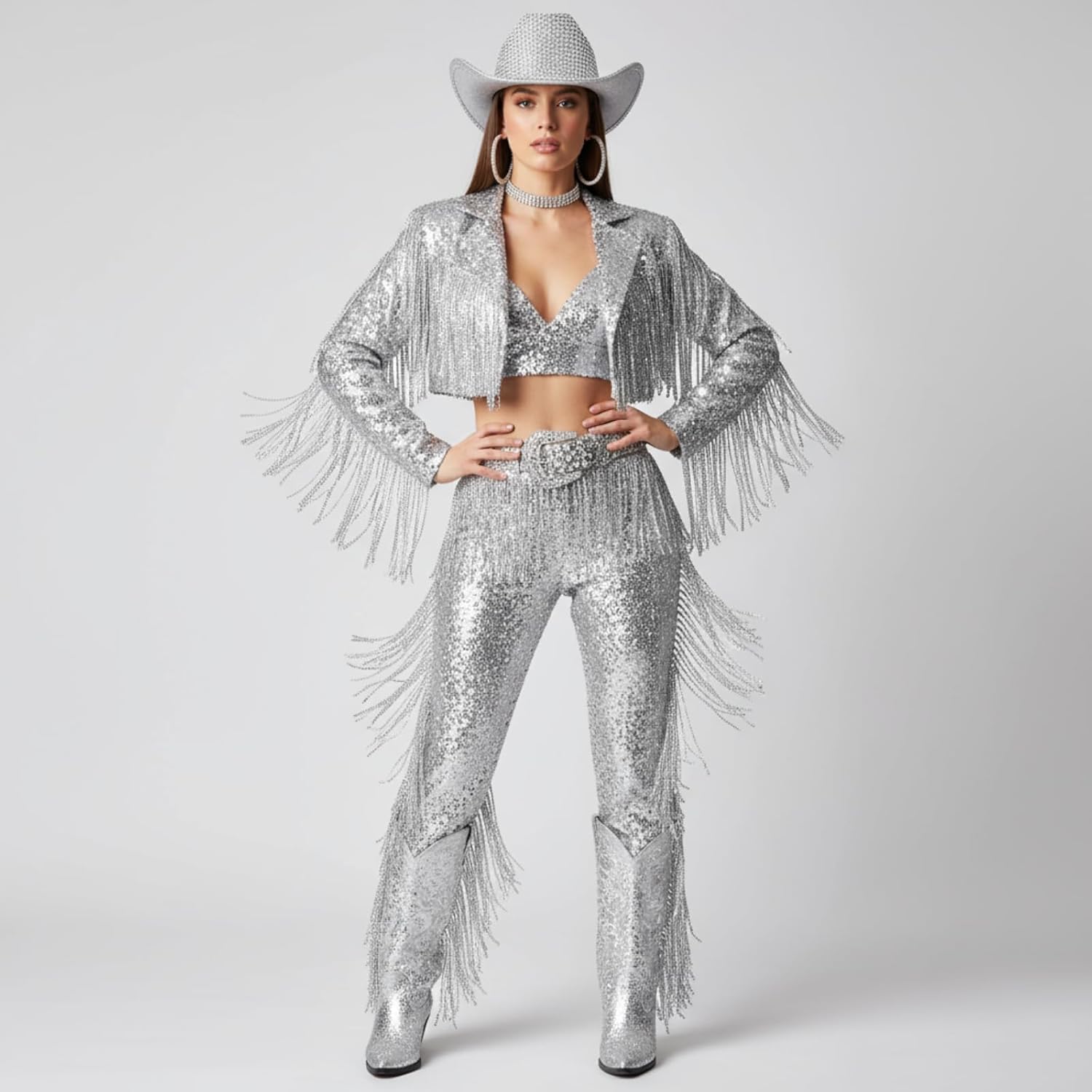 Hercicy 4 Pcs Western Cowgirl Full Diamond Outfit Set Glitter Hat Rhinestone Choker Hoop Earring Belt for Concert Party