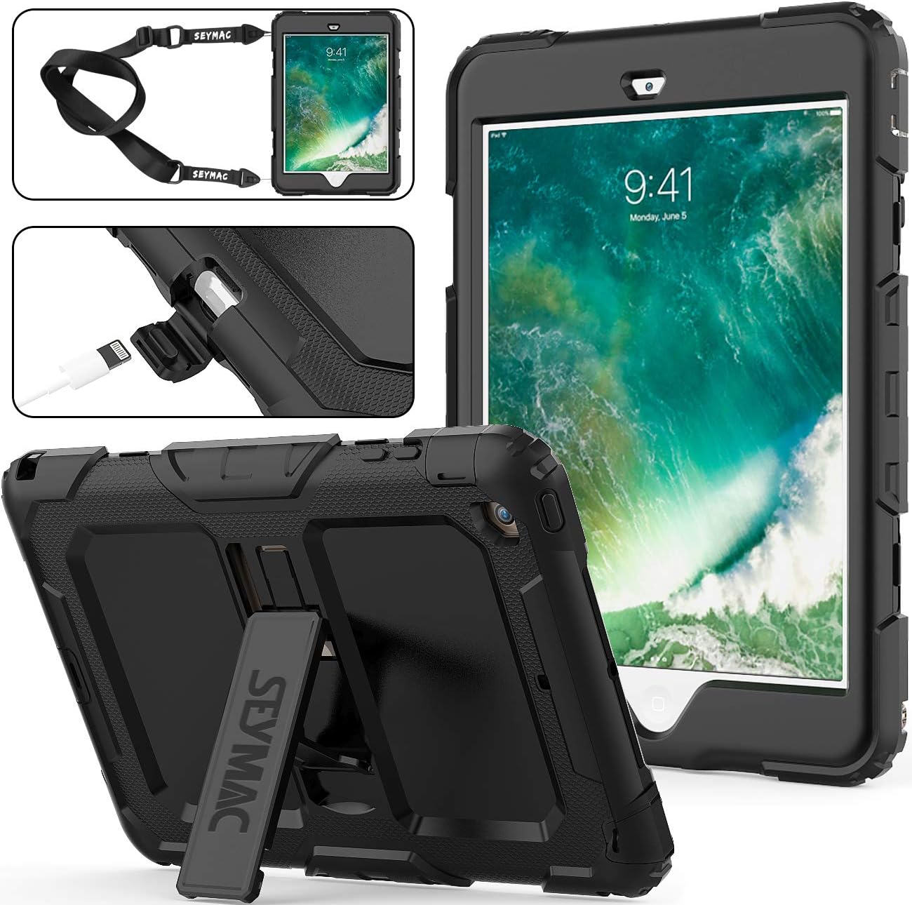 SEYMAC stock Case for iPad Mini Case,3 Layers Protection Full-Body Hard PC&Soft Silicone Case with [Portable Strap]&[Built-in Kickstand] Compatible with iPad Mini 1/2/3 (Black/Black)