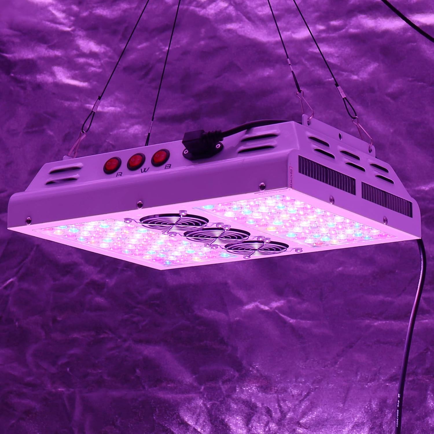 Close-up of the VIPARSPECTRA PAR600 LED Grow Light hanging from adjustable rope hangers.