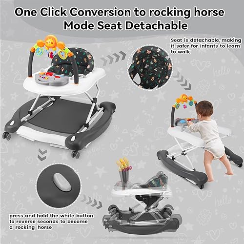 Miniatura 6 de Andador de bebé, 5 en 1 para niños y niñas de 6 a 12 meses, andadores plegables para bebés con gorila y bandeja de alimentación, música, alturas