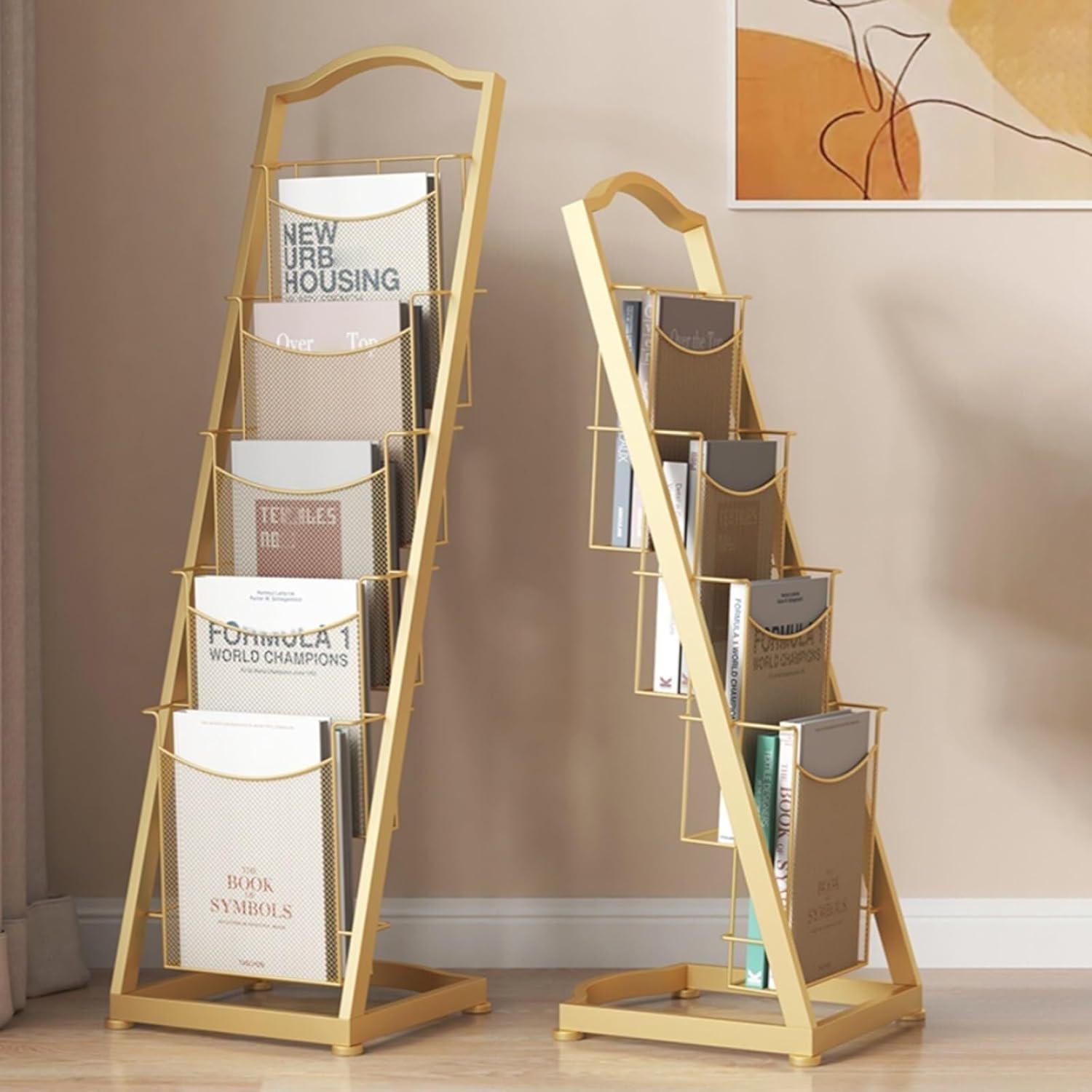 Tall Floor Standing Magazine Rack, 4/5 Tier Newspaper Brochure Display Stand for Office, Library(Gold)