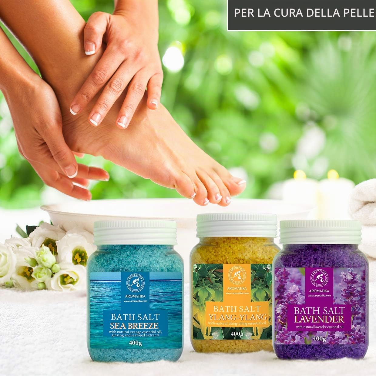Set Sali da Bagno di Lavanda - Brezza Marina - Ylang-Ylang - Naturale al 100% - Ideale per Dormire Bene - Antistress - Cura del Corpo - Benessere - Bellezza - Rilassamento - Spa