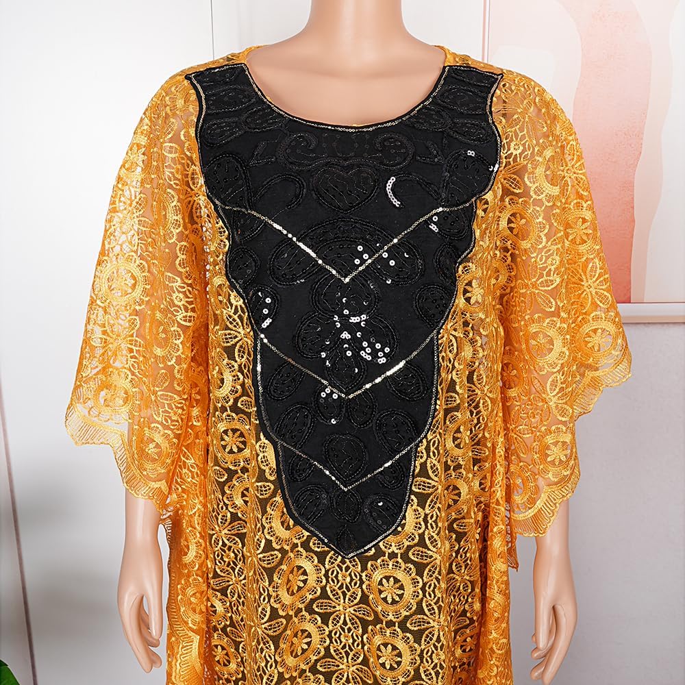 HD Womens African Lace Kaftan Dress Embroidery V Neck Evening Party Gown One Size with Matching Headwrap - Image 2