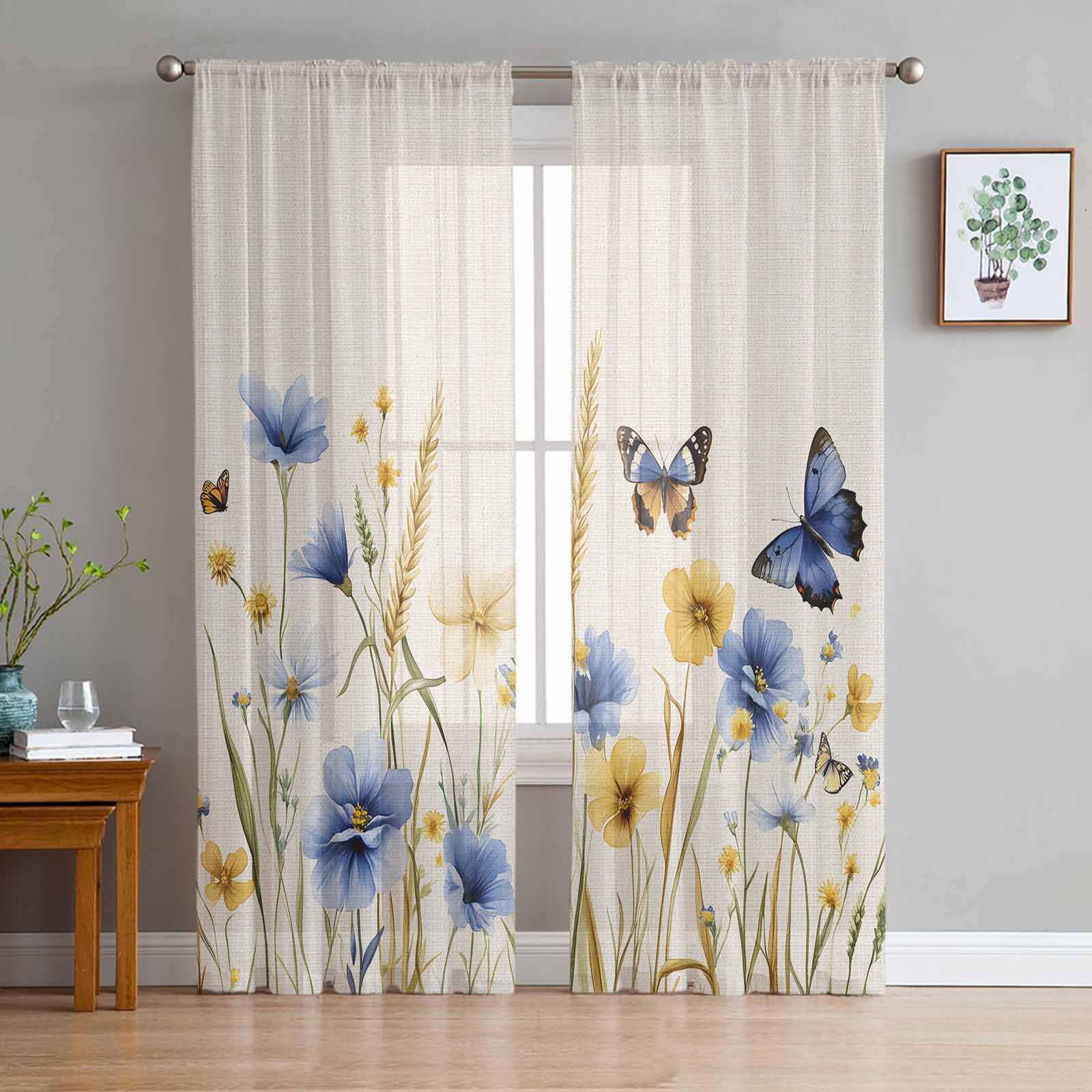 Butter-fly Leaves Sheer Curtains 84 Inch Length 2 Panels Set for Living Room/Bedroom, Elegant Fall Yellow Blue Yellow Daisy Beige Semi Curtain Sheers