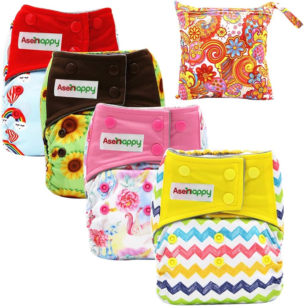 Asenappy Cloth Diaper 4 PCs Reusable Diapers Leak-proof Diaper Cover with Wet Bag Washable Baby Diaper.