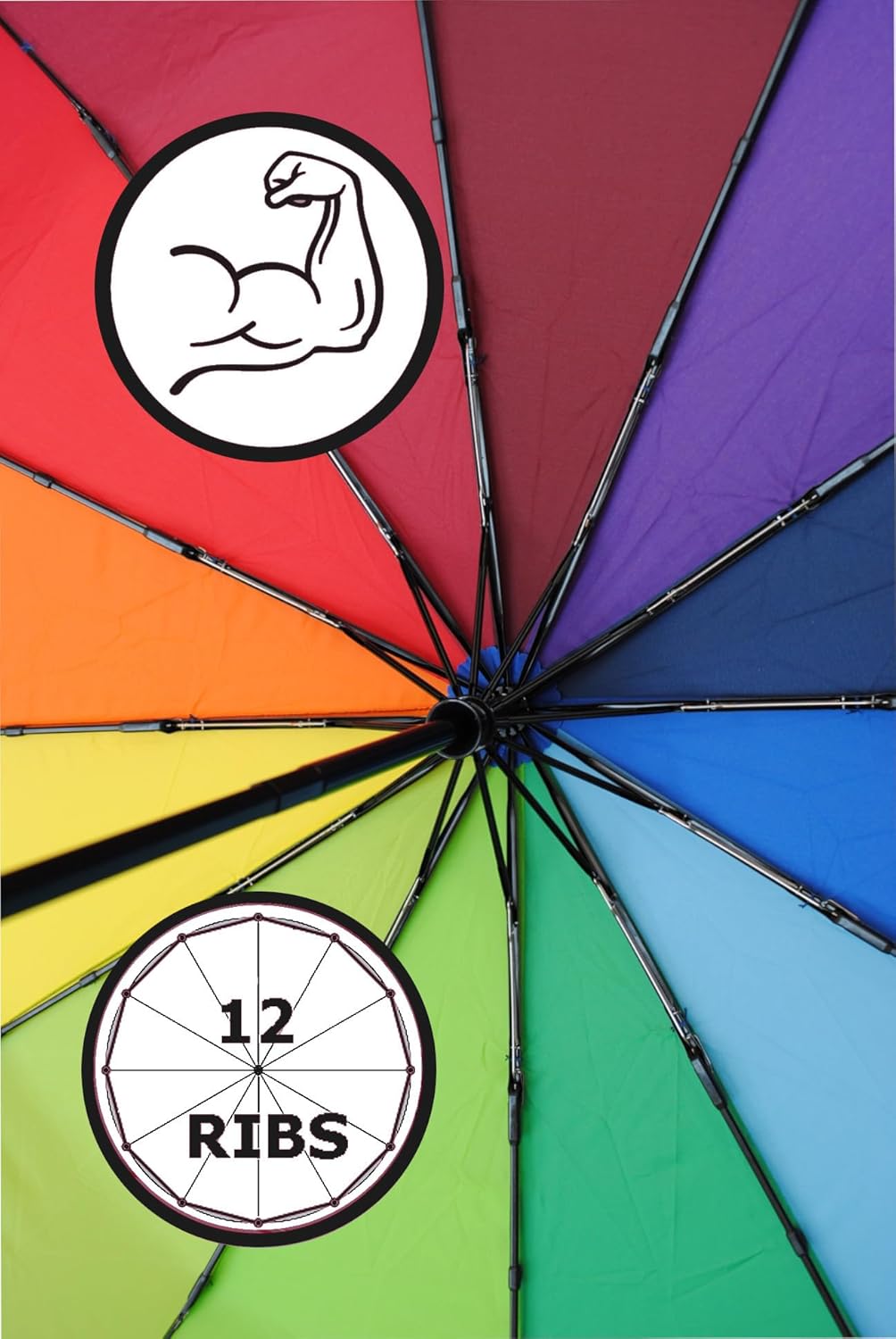 COLLAR AND CUFFS LONDON Rare 12 RIB Compact Rainbow Umbrella for Rain - 50MPH - Best for Auto Open Close - Strong Windproof Frame with Fiberglass - Travel Backpack Multicoloured Bright