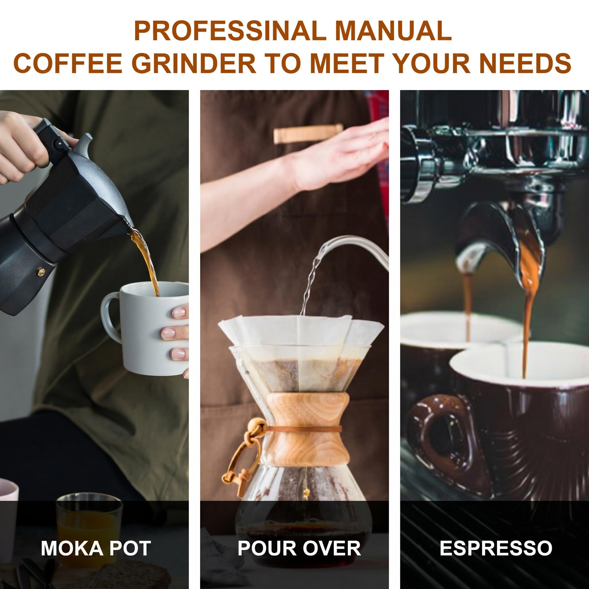 M6 Ręczny młynek do kawy – młynek do espresso z 24 ustawieniami i przenośnym sześciokątnym rdzeniem młynka i uchwytem z orzecha włoskiego do podróży, na kemping i nie tylko