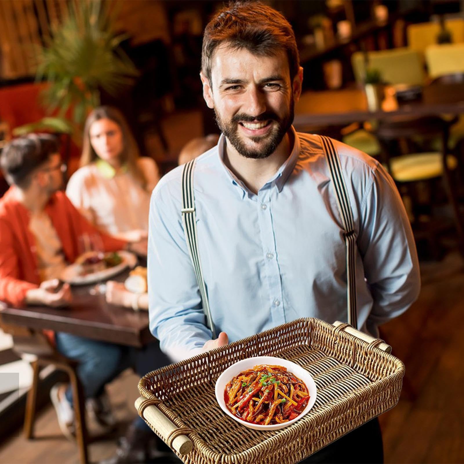 Cesta de fibra natural hecha a mano, bandeja tejida para mesa de comedor, servicio de desayuno y decoración del hogar, diseño rústico ecológico perfecto para regalos