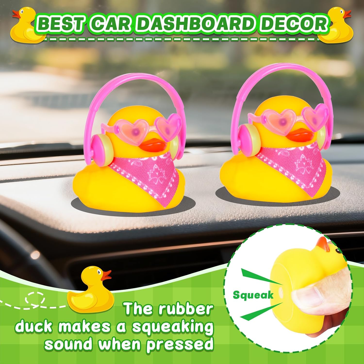 Yellow Rubber Duck with Pink Earphone,Squeaky Duck for Car Dashboard Decoration Party Favors Creative Gifts Duck with Heart-Shaped Sunglasses,Paisley Bandanas image 3
