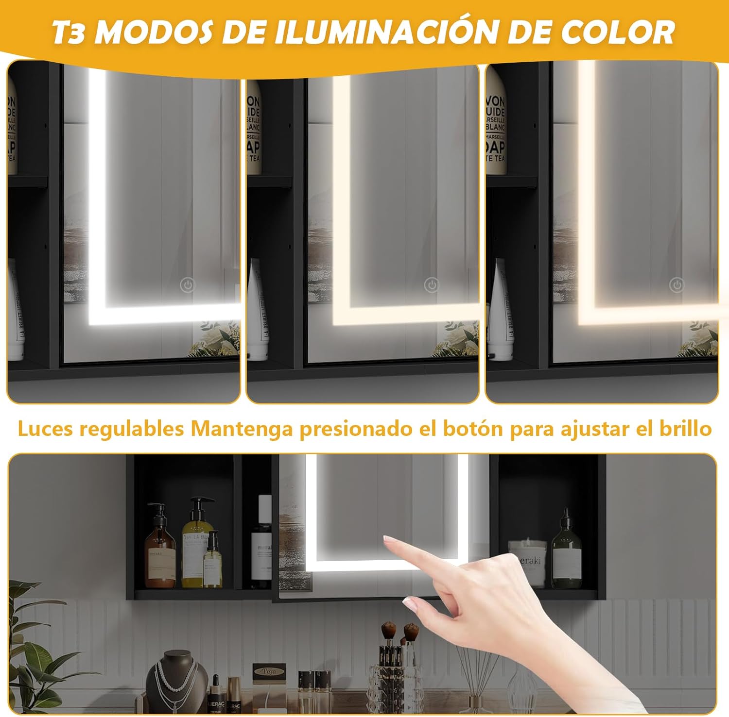 LED mirror showing three color temperature modes and touch control