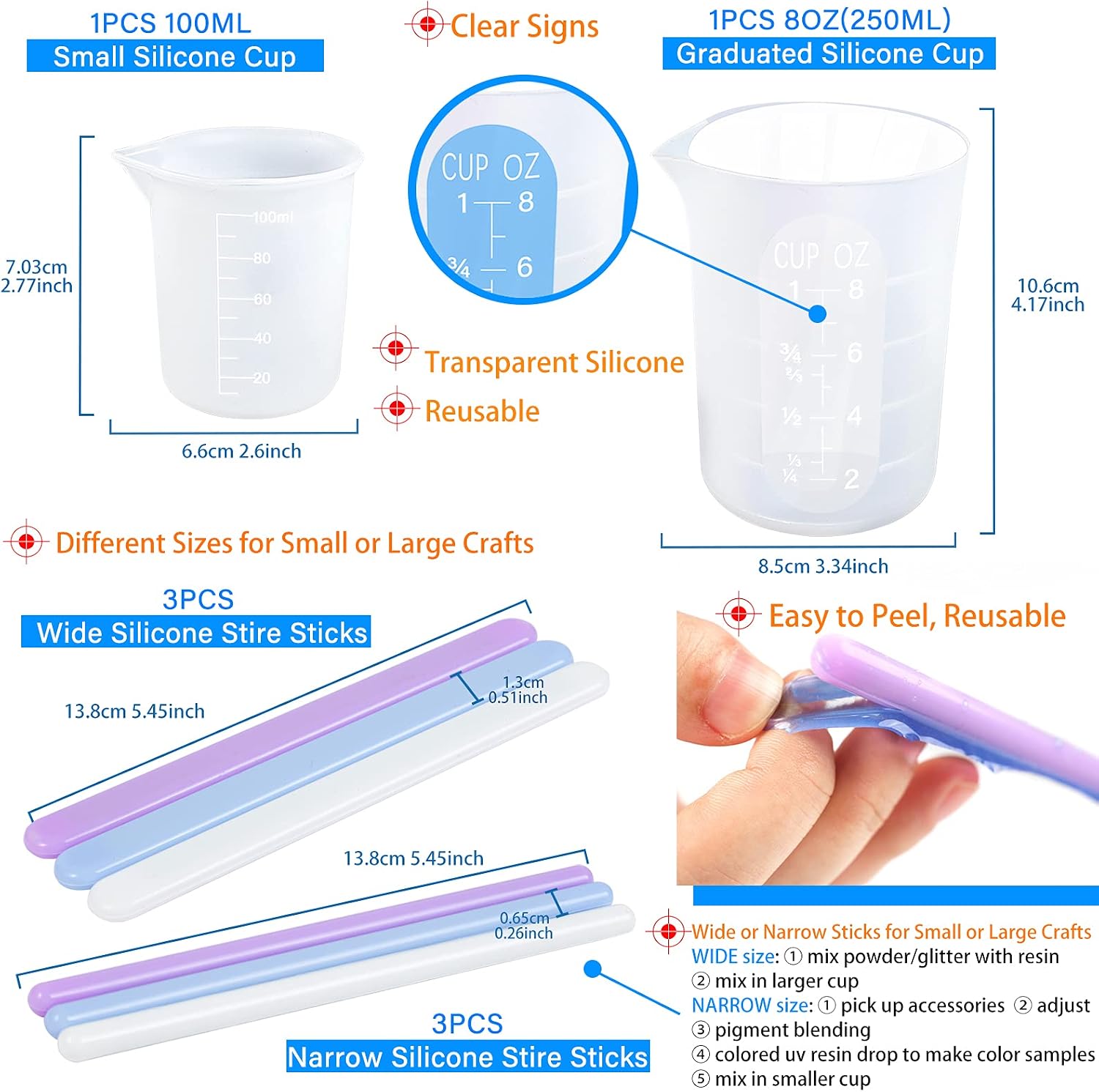 FUNSHOWCASE Silicone Measuring Cup 250ml 8oz and 100ml 3.4oz with Rubber Stirs Sticks Sizes Assortment Resin Casting Kit Set Pack of 8