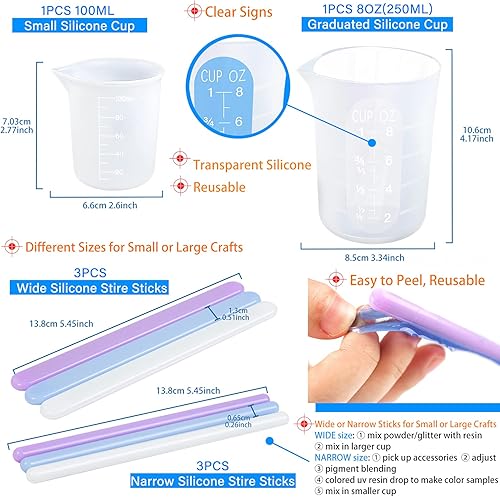 Miniatura 2 de FUNSHOWCASE Vaso medidor de silicona de 8.5 fl oz, 8 onzas y 3.4 fl oz, 3.4 onzas con varillas de goma surtidas, kit de fundición de resina, paquete