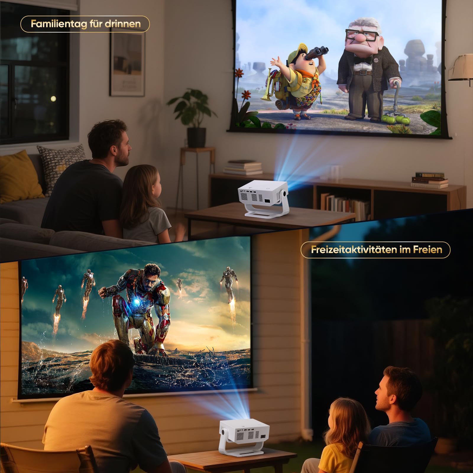 Wielio Upgrade Smart Beamer,integrierter App, Unterstützung 4K,WLAN&BT Projekto, 120° verstellbarem Ständer, vertikale Trapezkorrektur und elektronischer Fokus Heimkino Beamer für Handy/PC