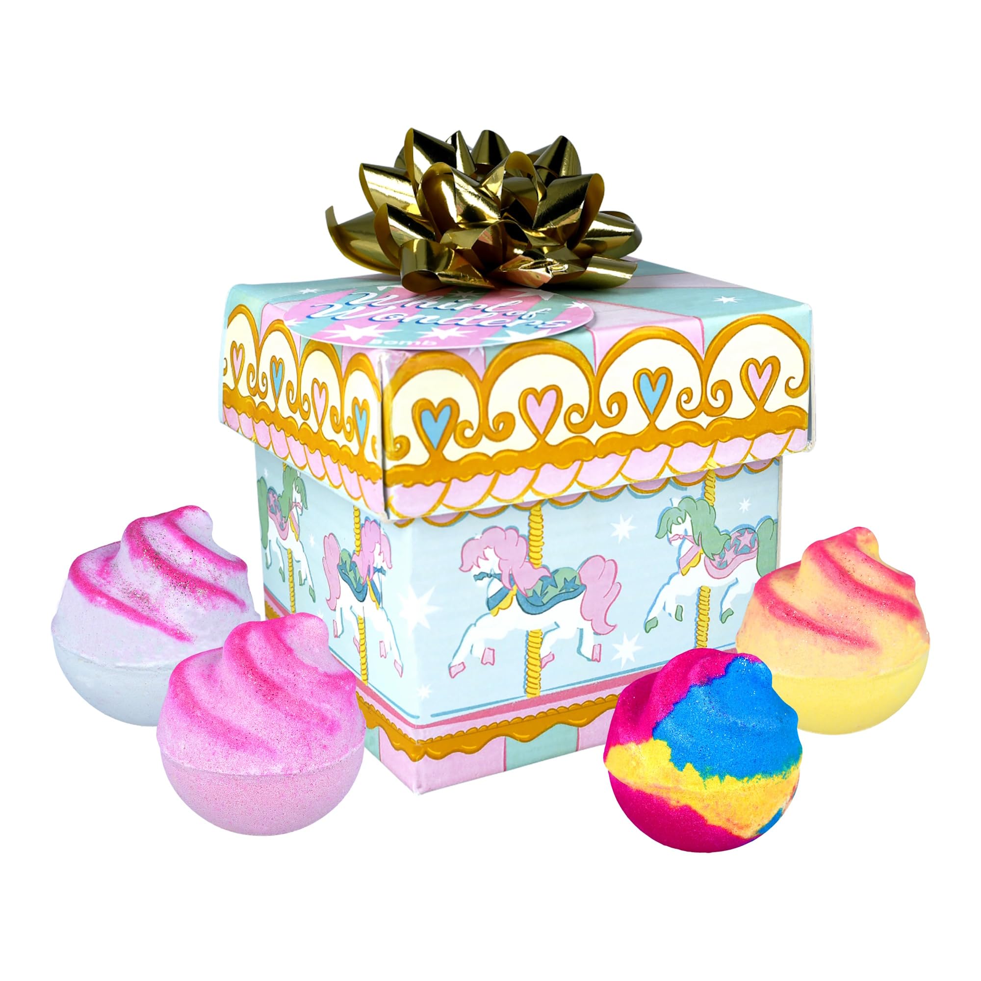Bomb Cosmetics Cube Gift Pack – 4 Handmade Bath Blasters | Mixed Fragrance Bath Bombs with Essential Oils | Colourful Ribbon Box | Vegan, Cruelty-Free & Handmade (Whirl of Wonders)