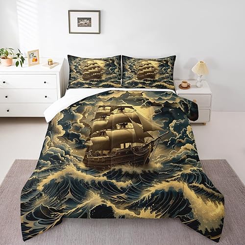 Miniatura 23 de Manfei Octopus Kids Comforter Set Queen Size,Dark Clouds Ocean Waves Trippy Retro Bedding Set,Boys Girls Room Decor,Underwater World Marine Life
