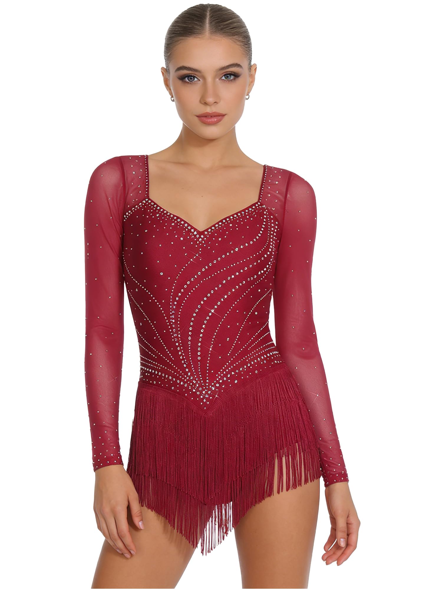 inhzoy Donna Abito da Ballo Latino Americano Tango con Frange Nappe Vestito da Pattinaggio Artistico Maniche Lunghe Body Danza Classica Ginnastica Ritmica Dancewear