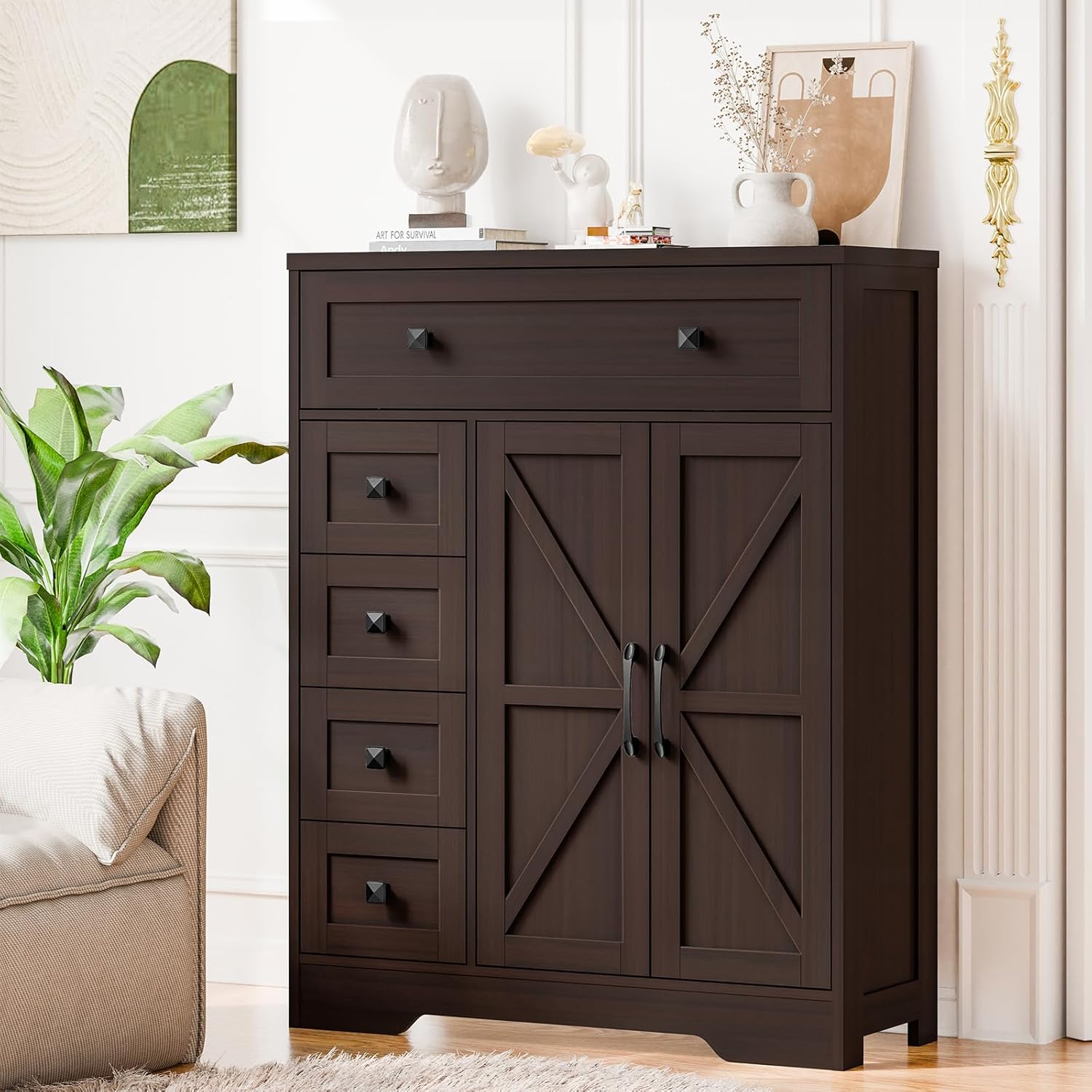 Vabches Farmhouse Storage Cabinet with 2 Doors and 5 Drawers, Freestanding Bathroom Cabinets Kitchen Pantry, Floor Storage Cabinet Hutch Cupboard for Living Room/Bathroom/Kitchen.（Espresso