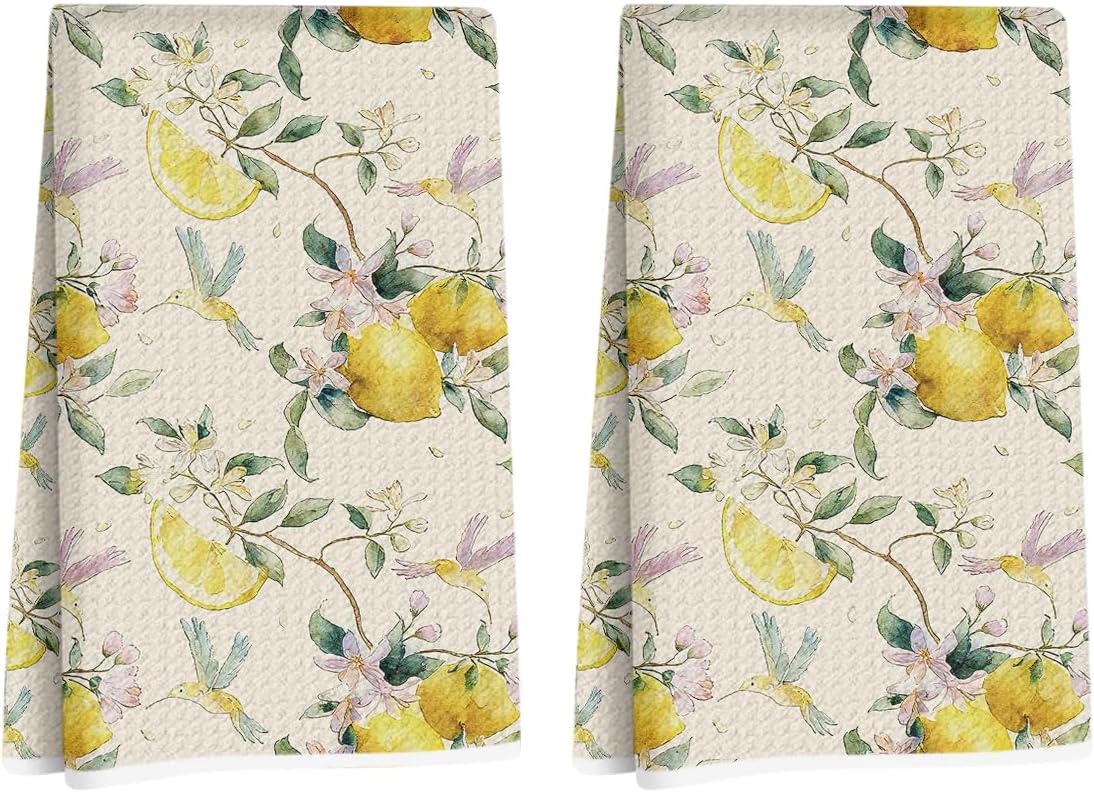 Hanamiya Na 2 Pcs Lemon Birds Kitchen Towels 14x24 Inch, Lemon Birds Dish Towel Waffle Weave Hand Cloth Tea Towel for Cleaning Spring Absorbent Dishcloths Cute Home Decor Housewarming Gifts