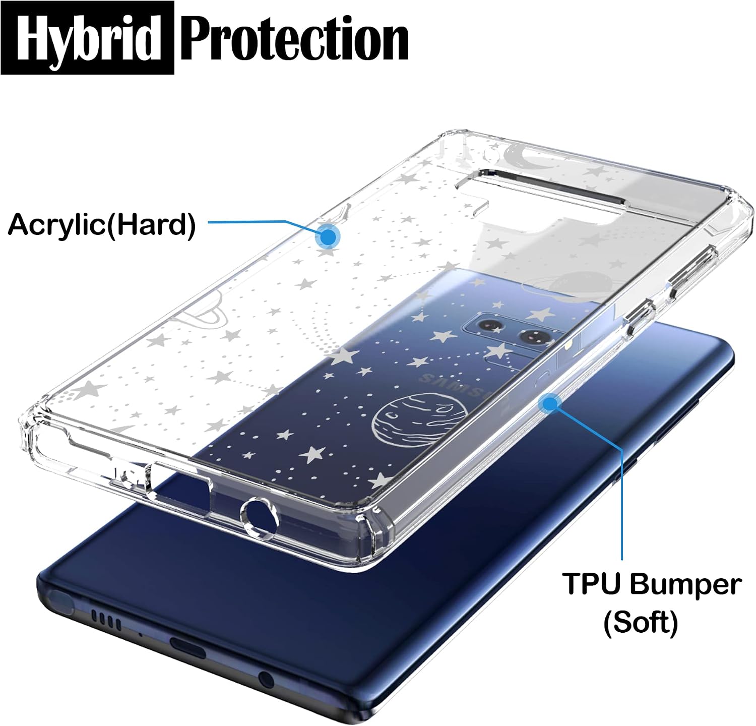 RANZ Galaxy Note 9 Case, Anti-Scratch Shockproof Series Clear Hard PC+ TPU Bumper Protective Cover Case for Samsung Galaxy Note 9 - Universe