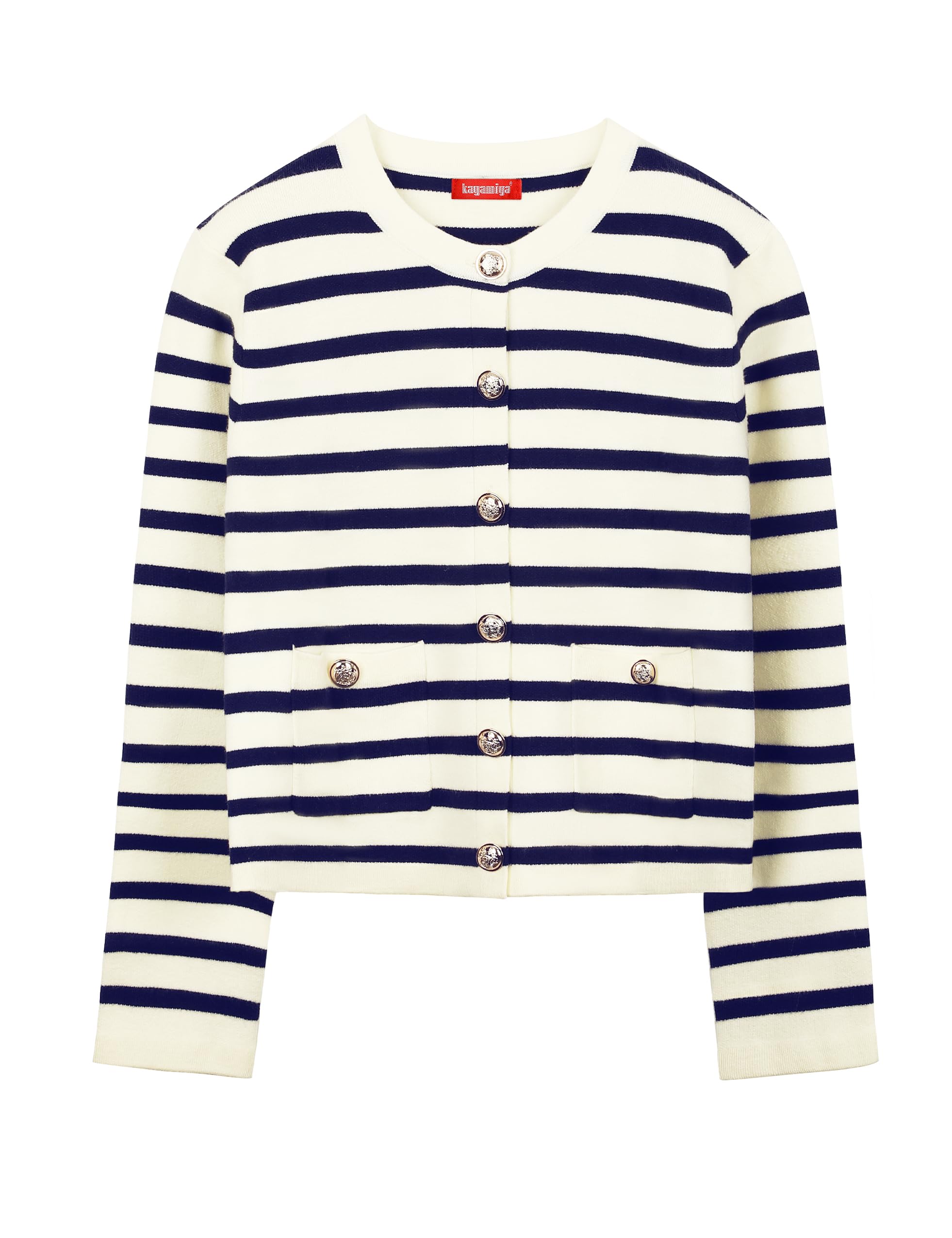 kayamiya Womens Knit Striped Cardigan Sweaters Long Sleeve Trendy Crew Neck Button Down Cardigan Jackets with Pockets