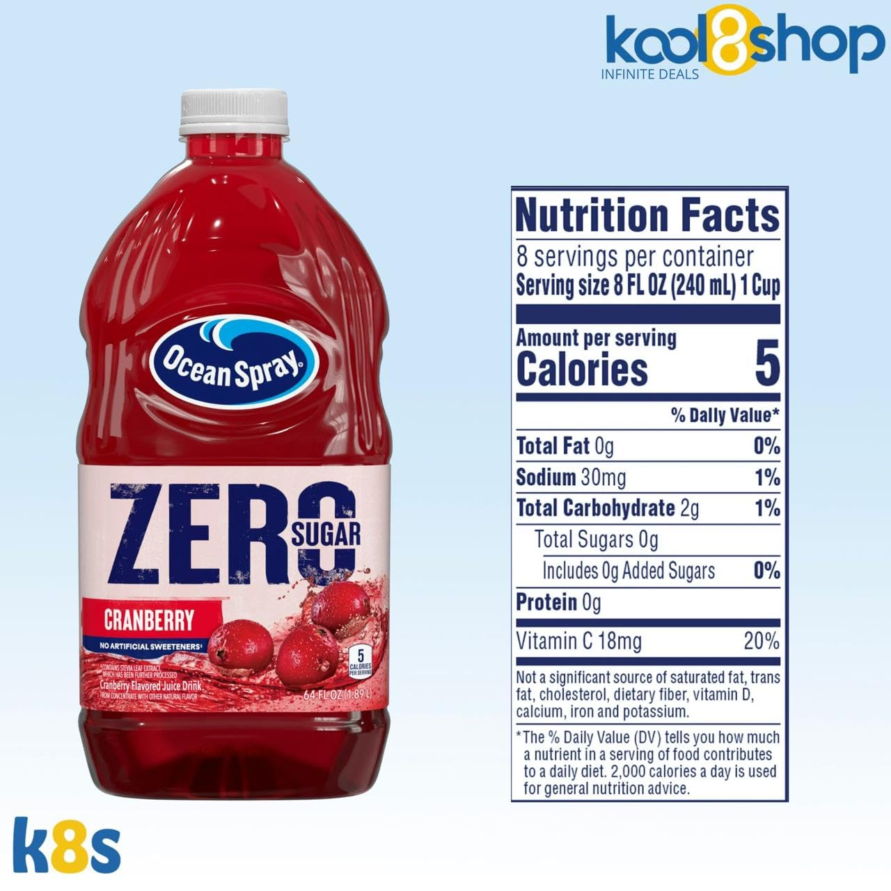 Ocean Spray Zero Sugar Cranberry Fruit Juice Drink 64 fl oz 4 Pack + 15 Sugarcane Disposable Straws by KOOL8SHOP Infinite Deals