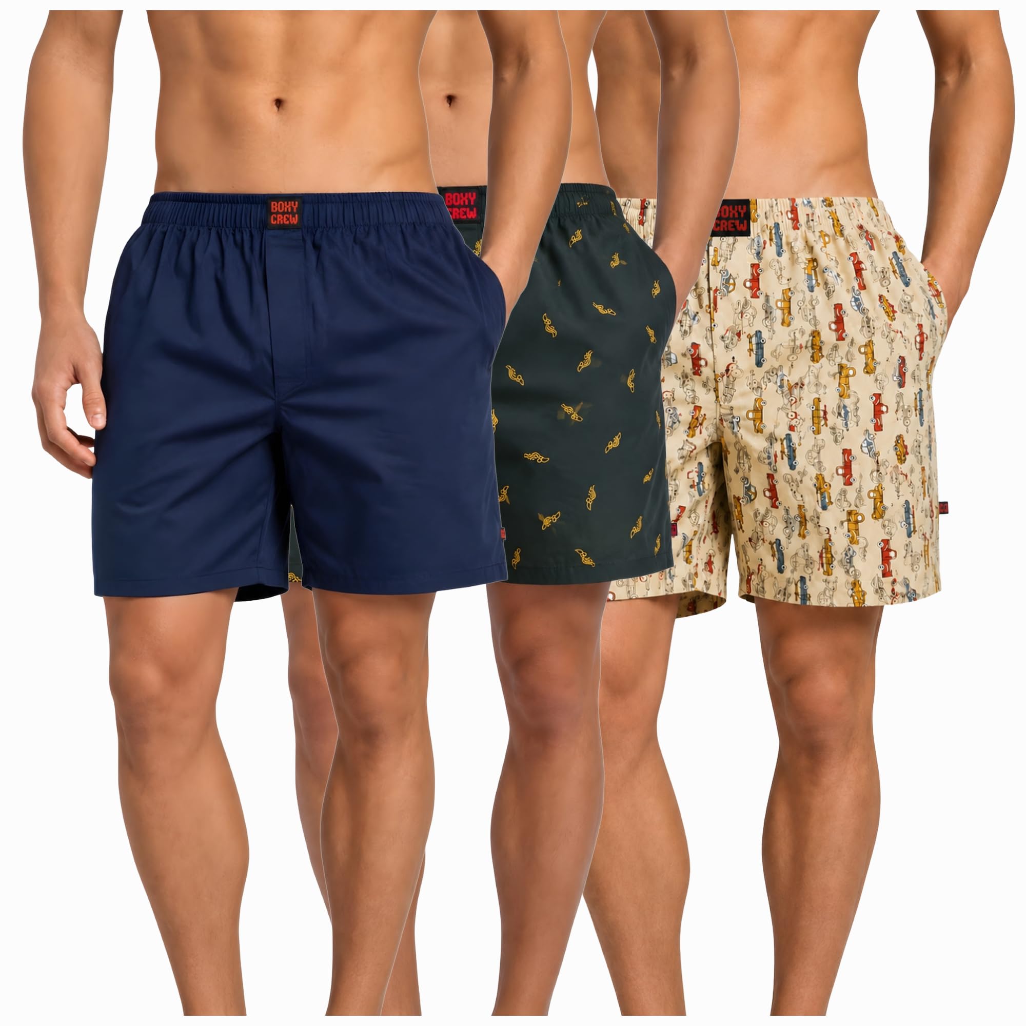 Men's 100% Cotton Boxer Shorts Pack of 3, Navy Blue, Dark Teal & Beige | Woven Boxers with Side Pockets, No-Marks Elastic Waistband, Breathable Relaxed Fit | Style 002-010-013-image-48