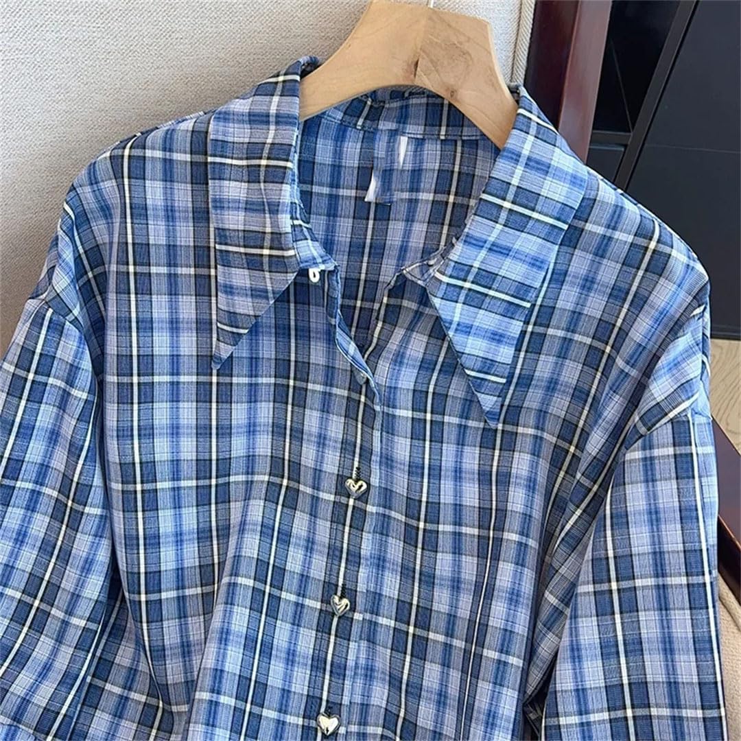 Women Summer Suits Lapel Long Sleeves Plaid Shirt Elastic Waist Skirts Set