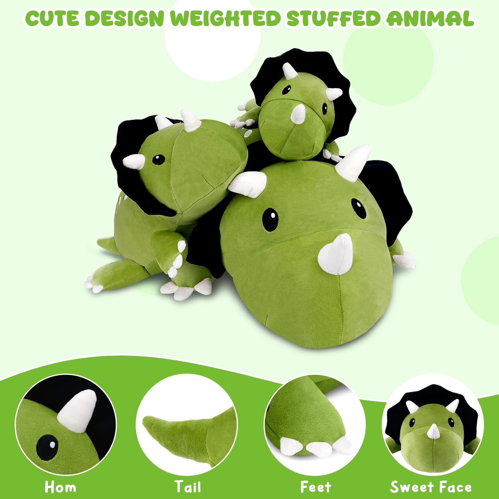 Xfrog Juguetes de dinosaurio con peso, suave almohada de peluche de triceratops con peso, lindo juguete de tela de dinosaurio de regalo para niños y adultos 60CM