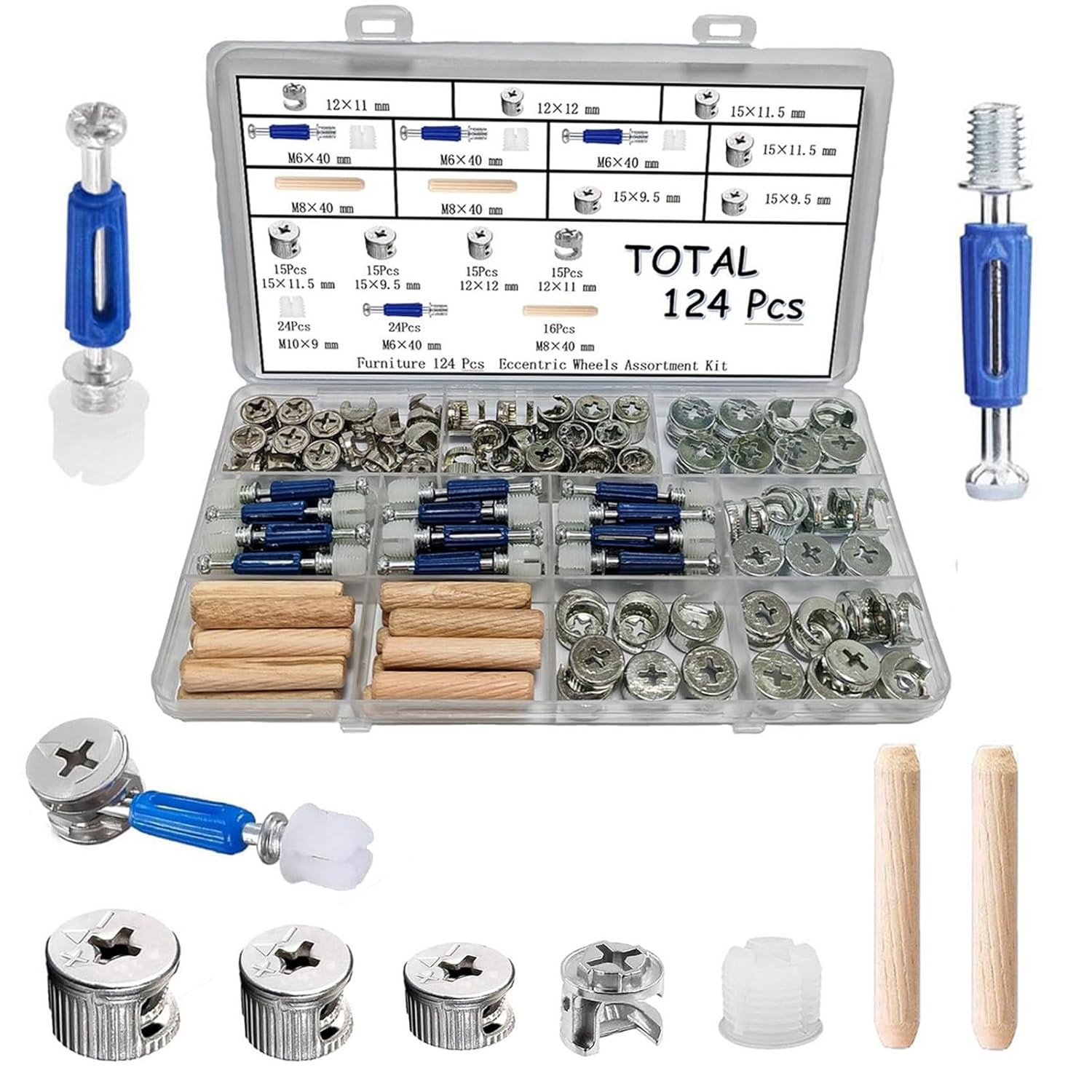 124 Pcs Cam Locks for Furniture, Furniture Screws, 3-in-1 Eccentric Hardware Wheels, Furniture Cam Lock Fasteners with Multi-Size Nuts for Dresser, Cabinet Assembly & Repair