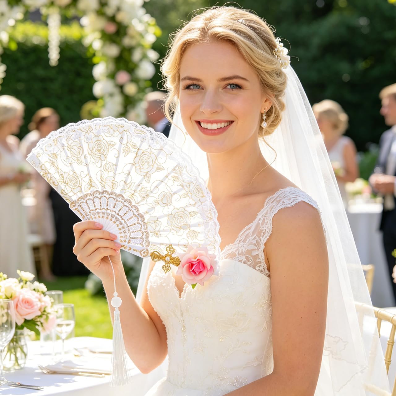 Vintage Lace Folding Fan, Foldable Handheld Floral Hand Fan with Rose for Women Bride for Tea Party Cosplay Wedding Dance Accessory Portable