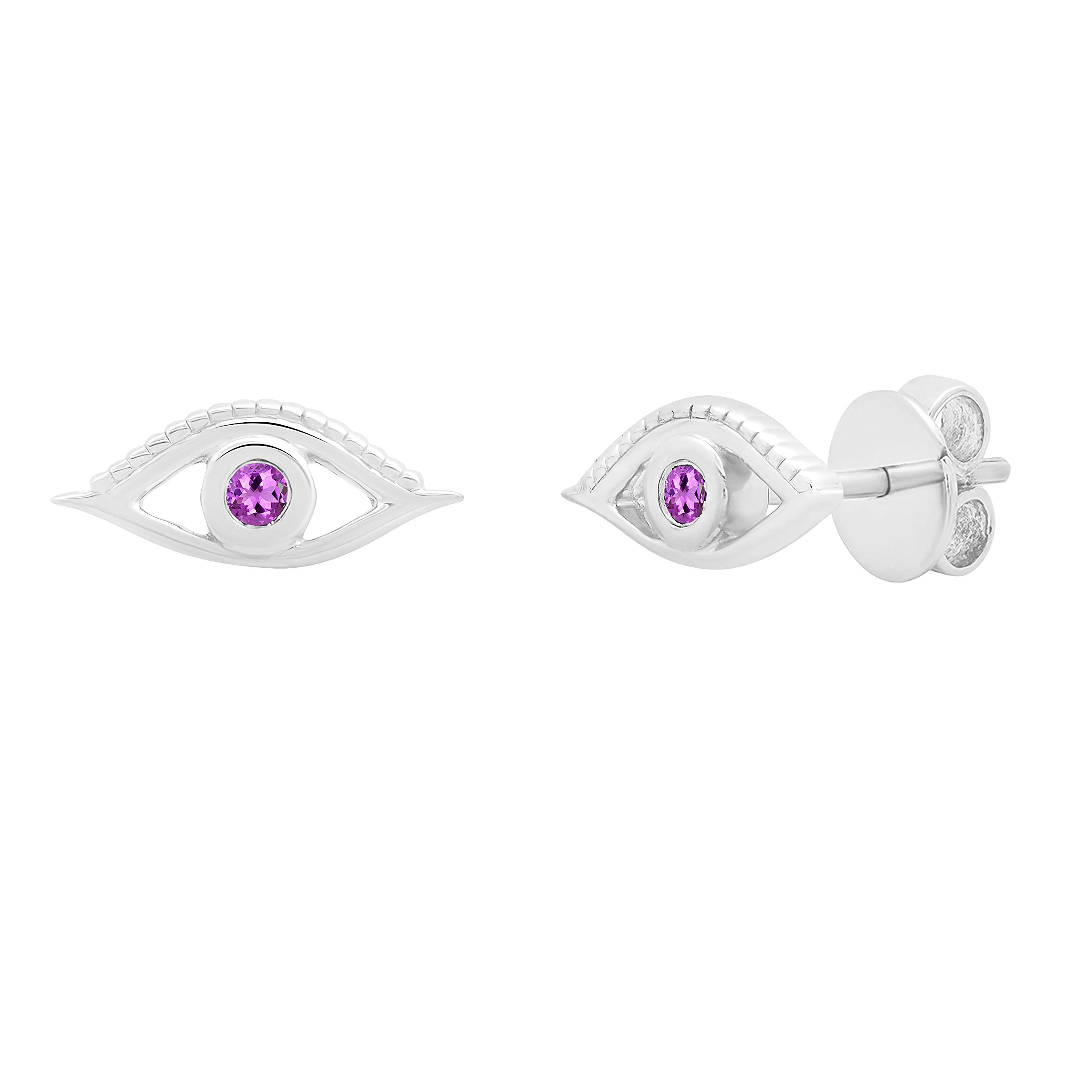 Dazzlingrock Collection Round Amethyst Evil Eye Solitaire Stud Earrings, Sterling Silver