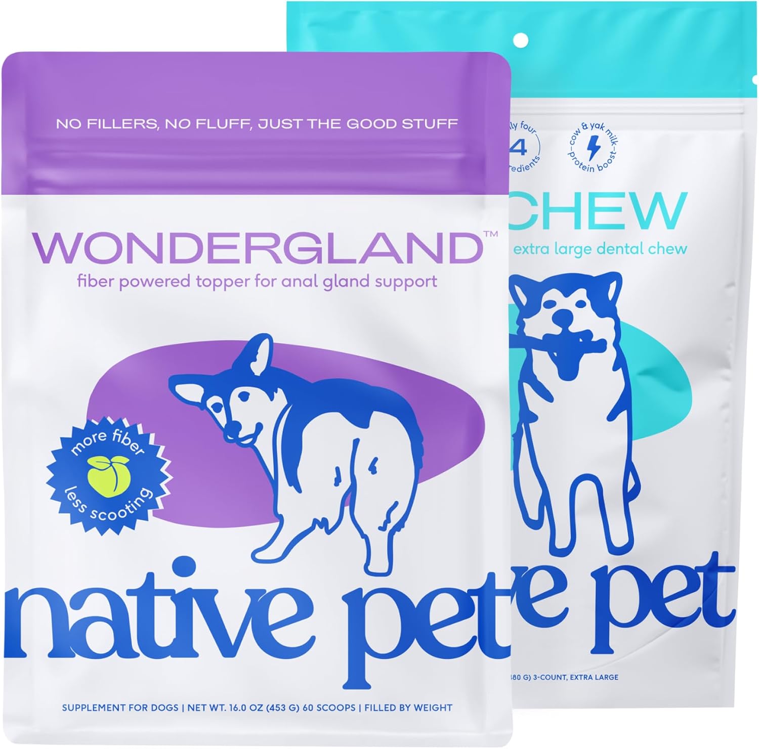 Native Pet WonderGland (60 Scoops) & Yak Chews (3 XL Chews) - Dog Anal Gland Treatment Using Fiber for Dogs & All Natural Dental Stick Made with Yak Cheese for Aggressive Chewers