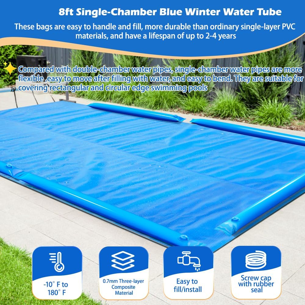 Fologtoo 0.7mm Thickened Blue Winter Water Tube for Swimming Pool Covers, 12 Pack 8ft Pool Cover Water Bags for Inground Pool Cover, Three-Layer Composite Material 12 Pack 8 ft
