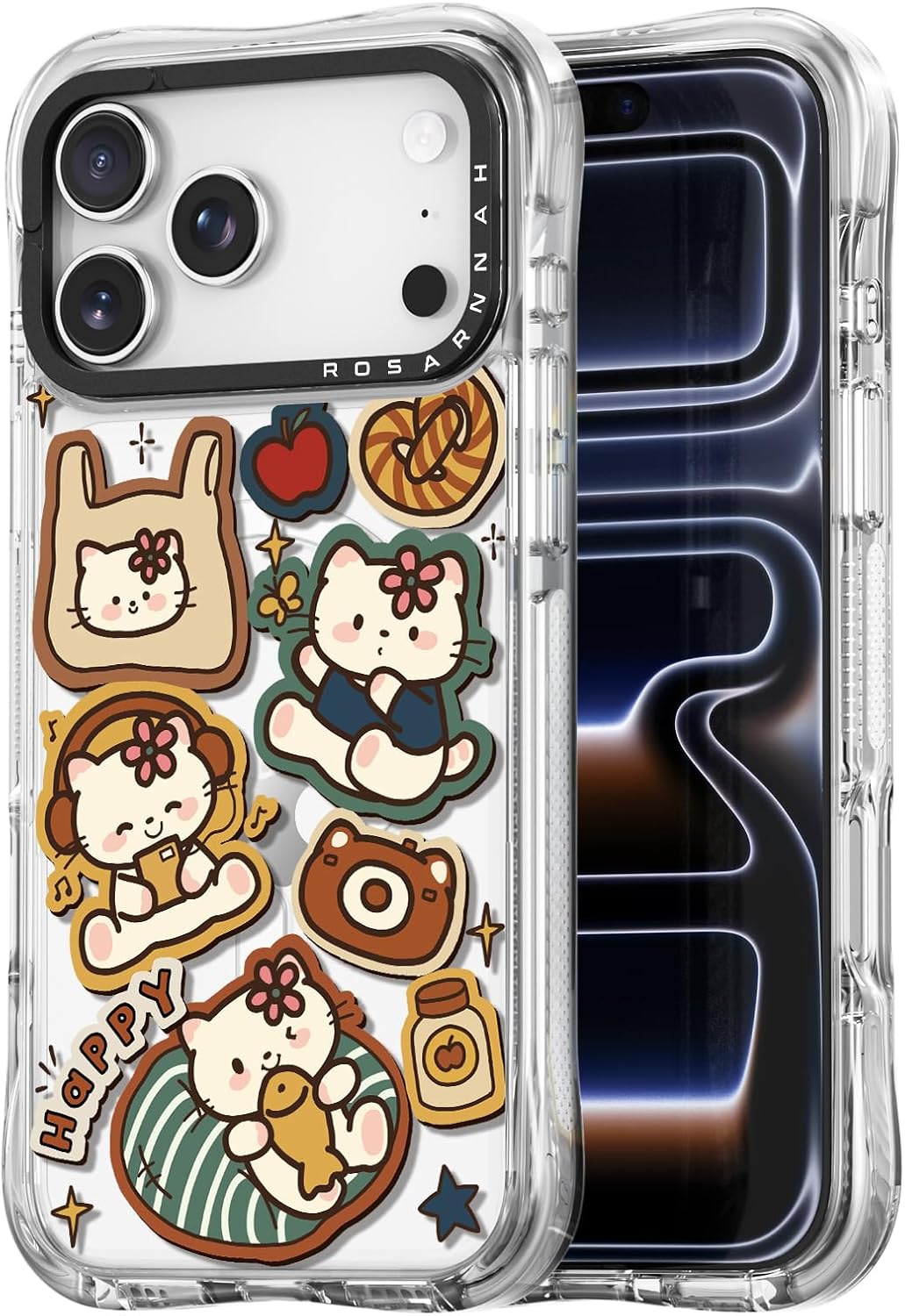 Rosarnnah for iPhone 17 Pro Max Case Cute - Compatible with Magsafe - Military-Grade 20 ft Drop Protection Shockproof Phone Case - Funny Happy Kitty Cat Design (6.9") Glitter Clear