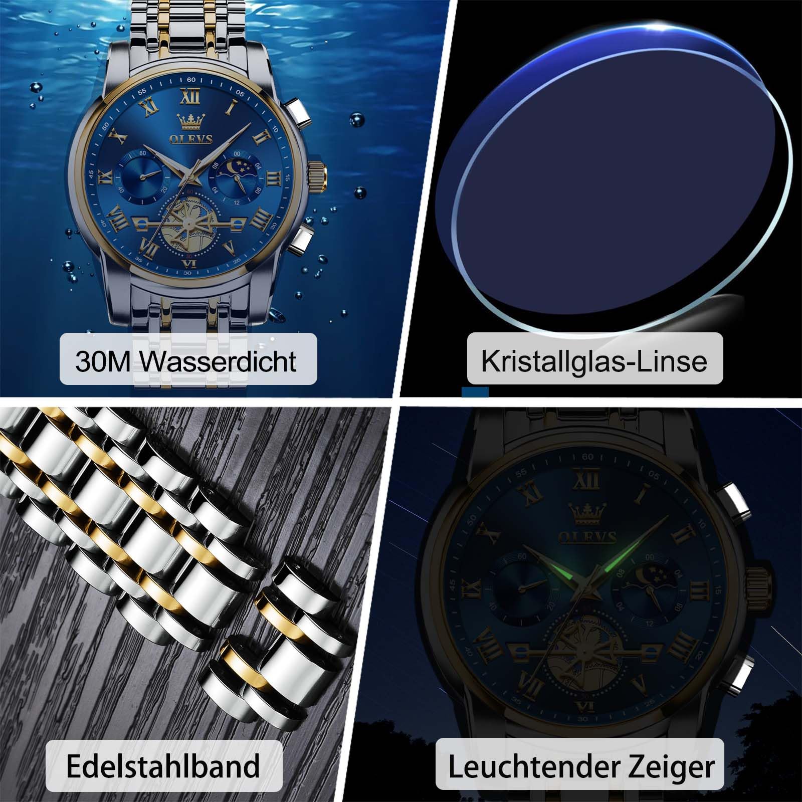 OLEVS Uhren Herren Chronograph Wasserdicht Analog Quarz Uhr Herren Mode Lässig Business Leuchtend Edelstahl Großgesicht Herrenuhr