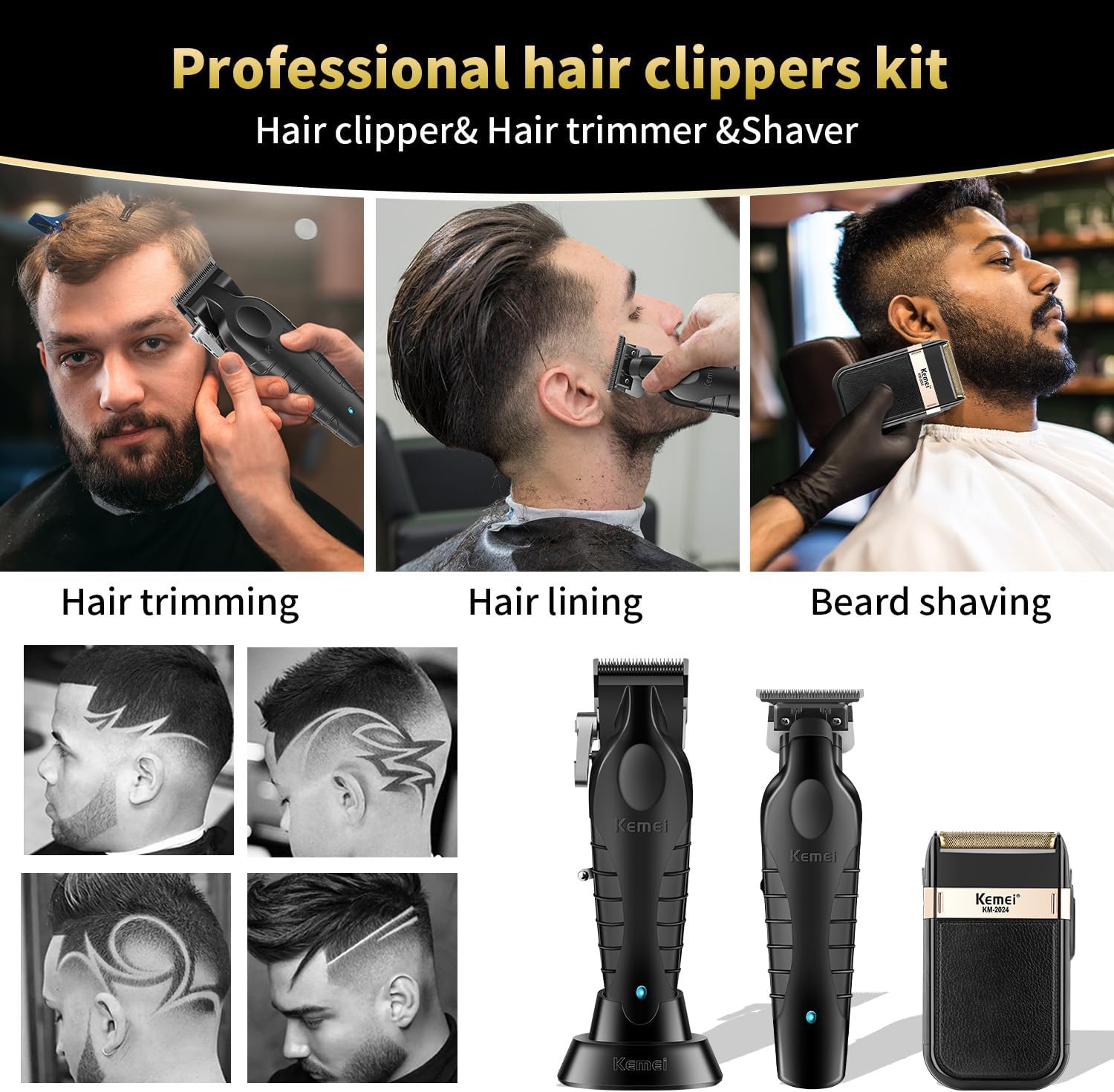 KEMEI Professional Hair Clippers, Beard Trimmers, Electric Shaver Set for Men, Cordless Barber Clipper Beard Trimmer, Rechargeable Fade Clipper Haircutting Kit, KM-2299, KM-2296, KM-2024 - Image 7