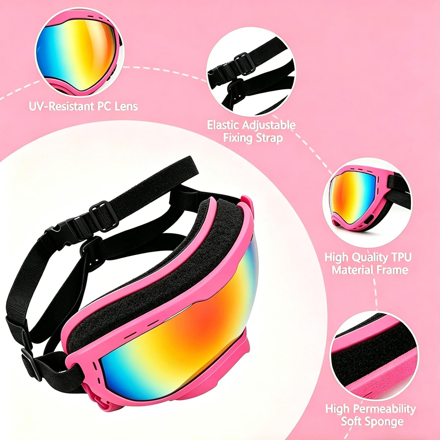Dog Goggles for Medium Large Breed UV Protection Windproof Anti-Fog Eyewear | Windproof Dustproof Anti-Fog Eyewear For Driving Motorcycling, Non-Slip Adjustable Elastic Strap, Pink Frame Colored Lens