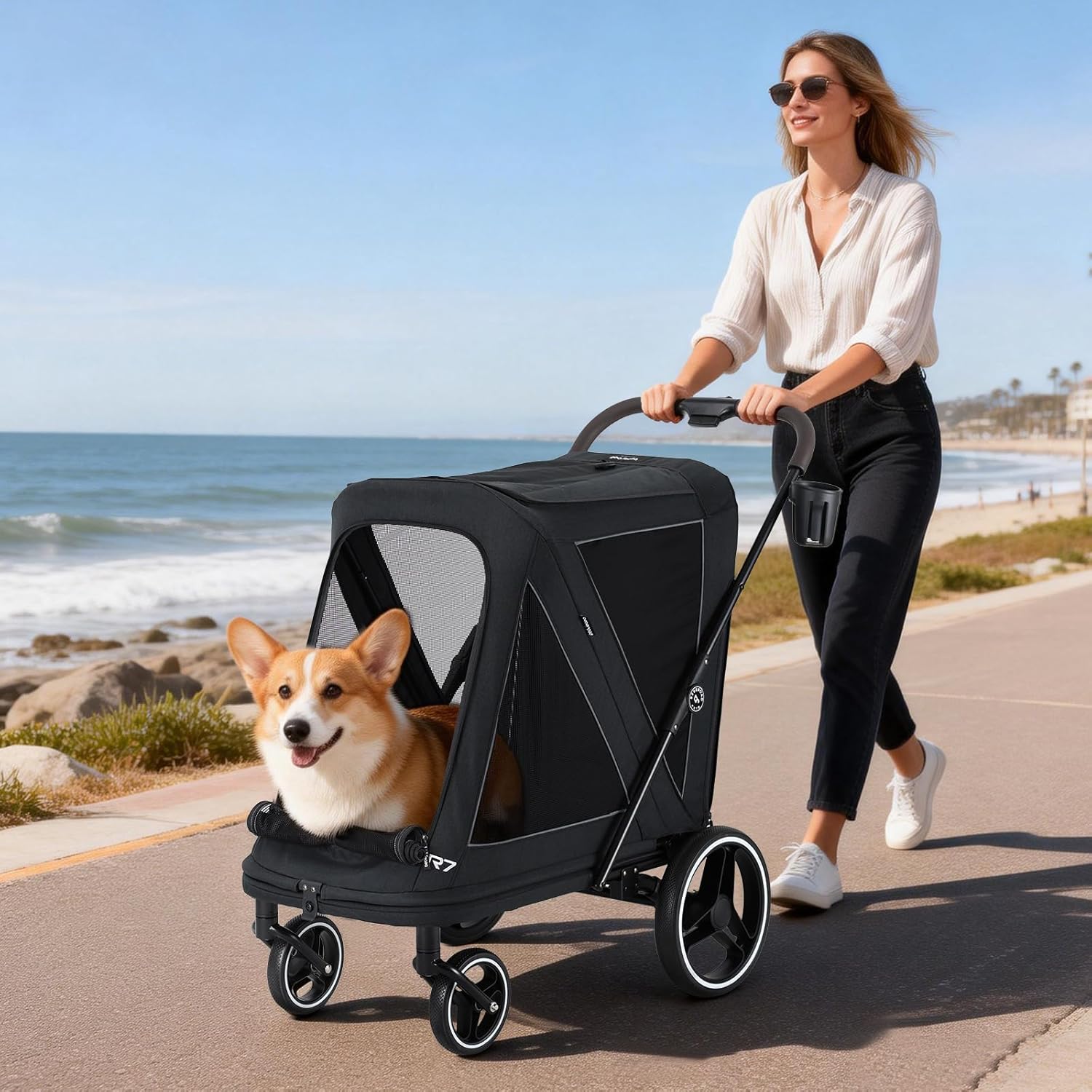 Beberoad Dog Stroller for 2 Dogs, Pet Stroller for Multiple Pets, R7 All-Terrain ER Tires with Shock Absorption, Full Panoramic Mesh Windows, One-Second Fold, Detachable & Washable Waterproof Fiber