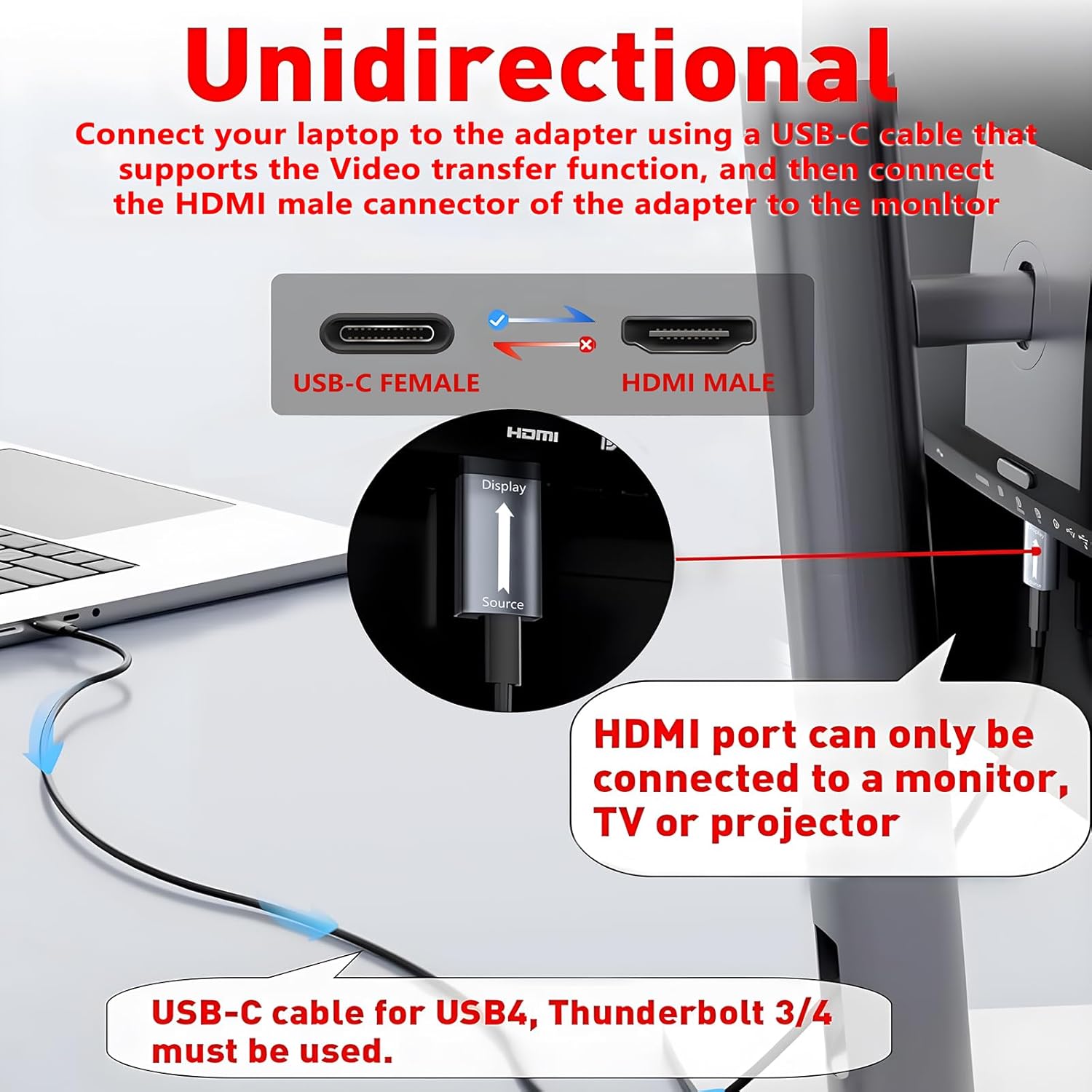 Uni-Directional USB C Female to HDMI Male Adapter, (USB-A to HDMI not Supported), 4K60 Thunderbolt 3/4 to HDMI2.0 for MacBook Pro/Air, Surface, Galaxy S8 to S23, iPhone 15 Series - 1 Pack