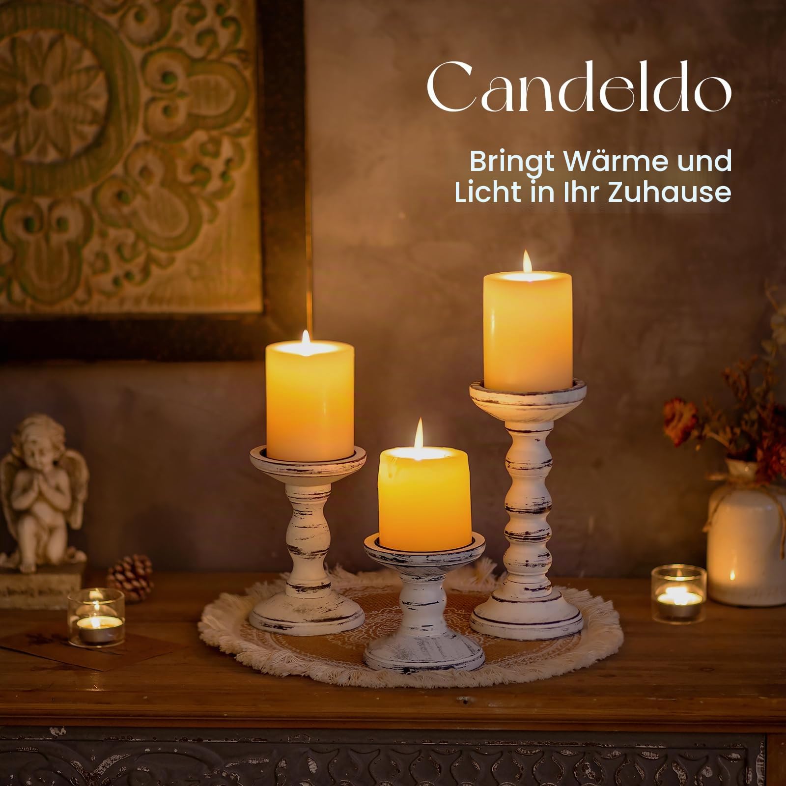Candeldo Kerzenständer Holz Vintage Deko: 3 Stück Kerzenhalter Stumpenkerzen Wohnzimmer Tischdeko Groß Kerzenständer Dekoration Esstisch Weihnachten (schwarz + weiß)