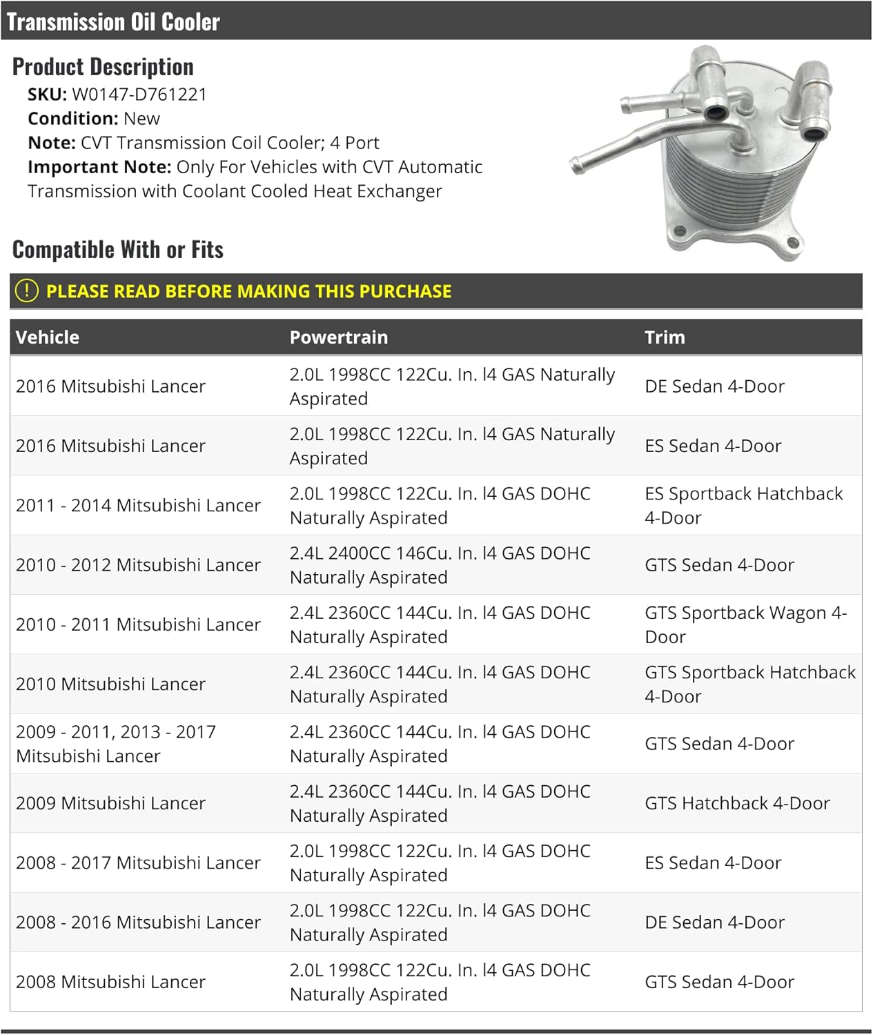 CVT Automatic Transmission Coil Cooler - 4 Port - Compatible with 2008-2017 Mitsubishi Lancer (W0147-D761221)