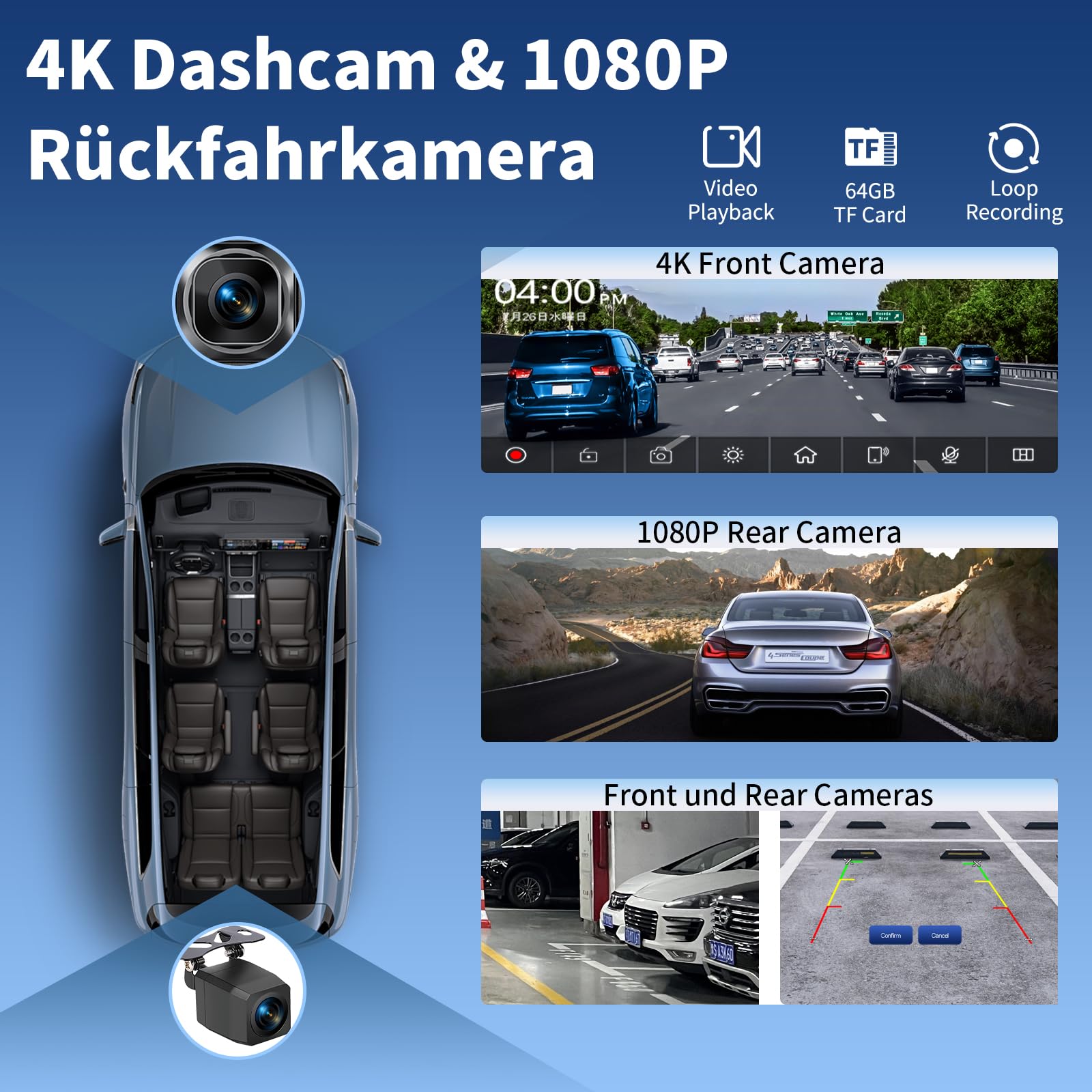 Alpinetech 10,26 Pollici Autoradio Portatile con Wireless Carplay Android Auto Touchscreen Monitor Anteriore Dashcam 4K e Telecamera Posteriore 1080P Bluetooth GPS Siri Mirror Link AUX FM 64G TF 7V-32