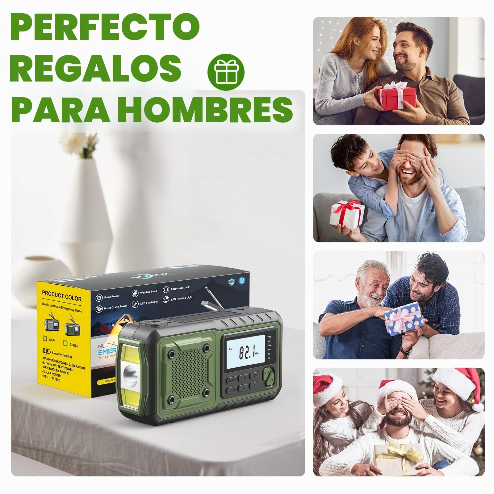 Radio de emergencia con manivela, radios meteorológicas de 5000 mAh, radios solares con manivela de emergencia, radio de alerta meteorológica NOAA/AM/FM, alarma SOS, linterna y lámpara de lectura