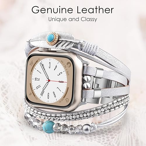 Vista 8 de VISOOM Beaded Boho Bracelet Compatible for Apple Watch Band 40mm/38mm/41mm/42mm iWatch Series 10 9 8 7 SE 6/5/4 Women Leather Fashion Cute Handmade